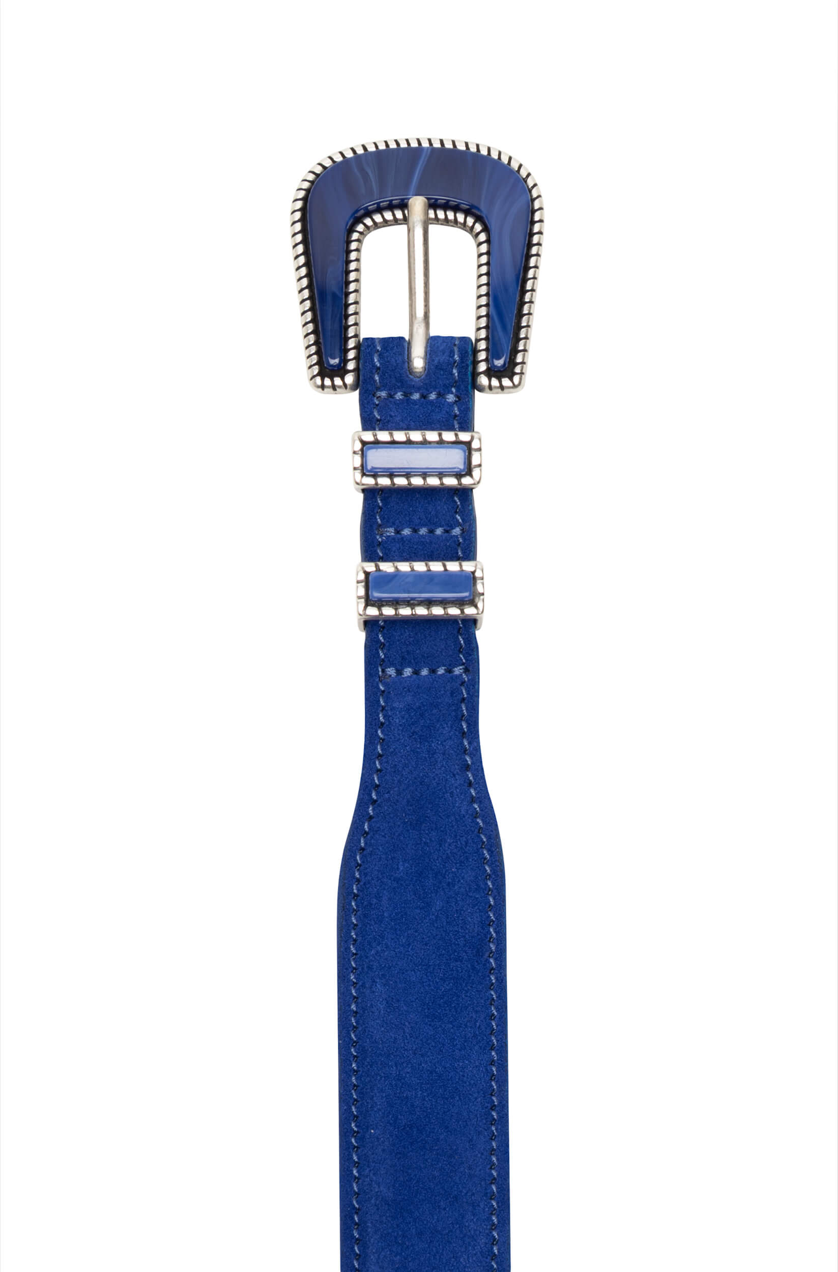 Close-up of the AD125 western buckle in solid brass with a brushed nickel finish and royal blue suede leather.