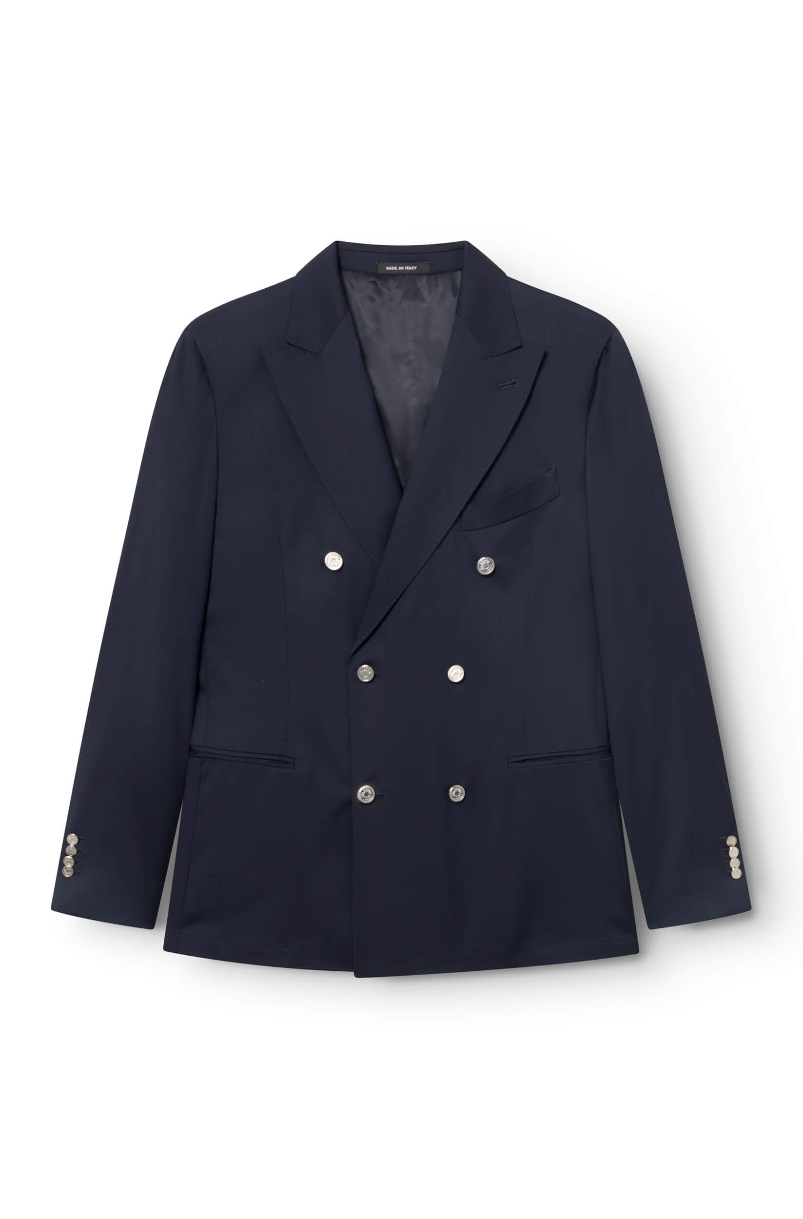 Blazer croisé marine en laine froide Tollegno pour homme.