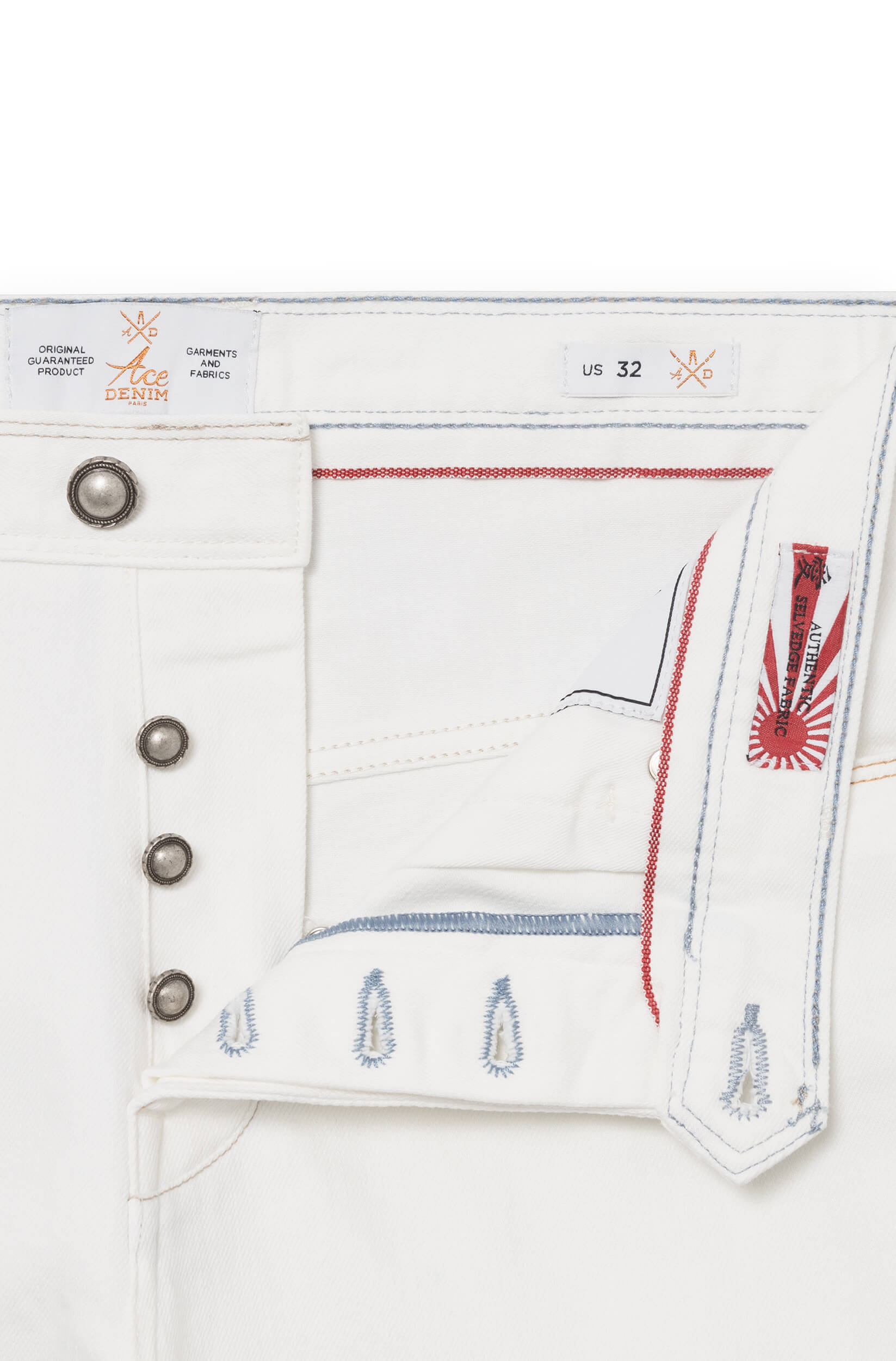 Metal button fly with red label Japanese Fabric