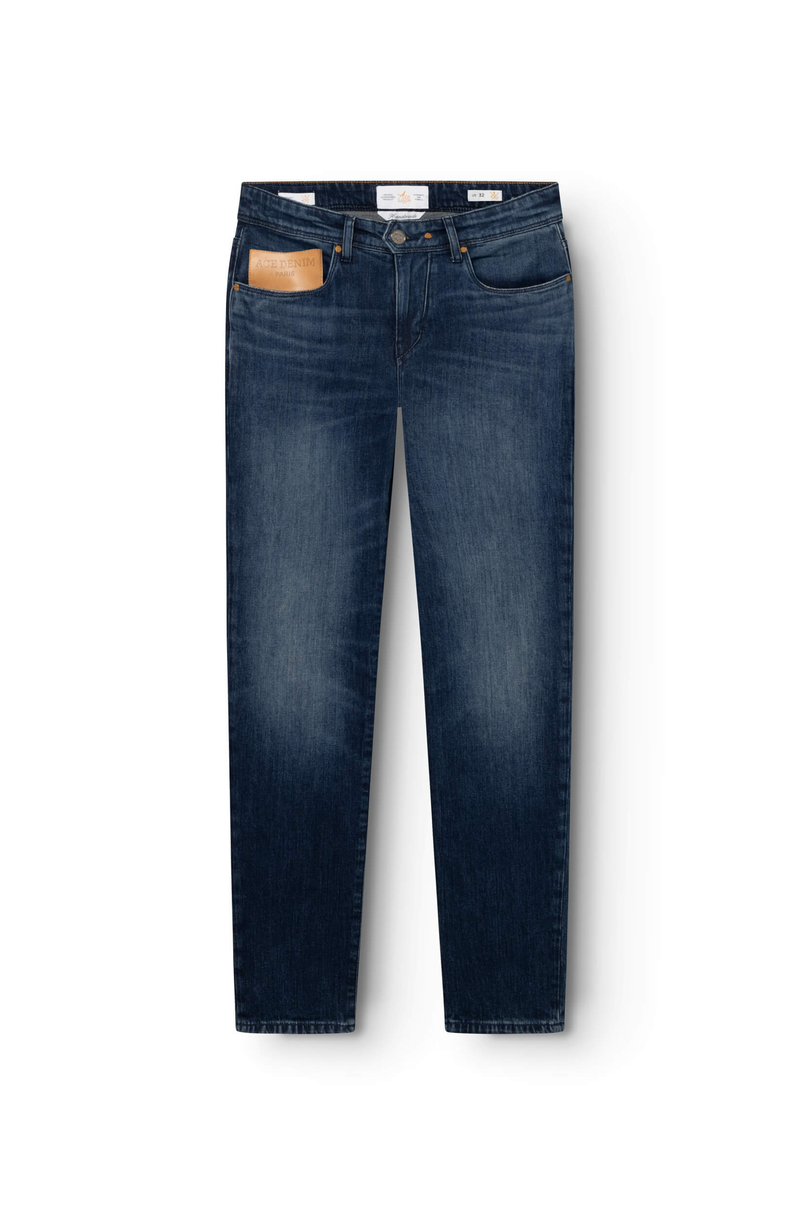 Jeans bleu foncé en coton avec patch en cuir beige