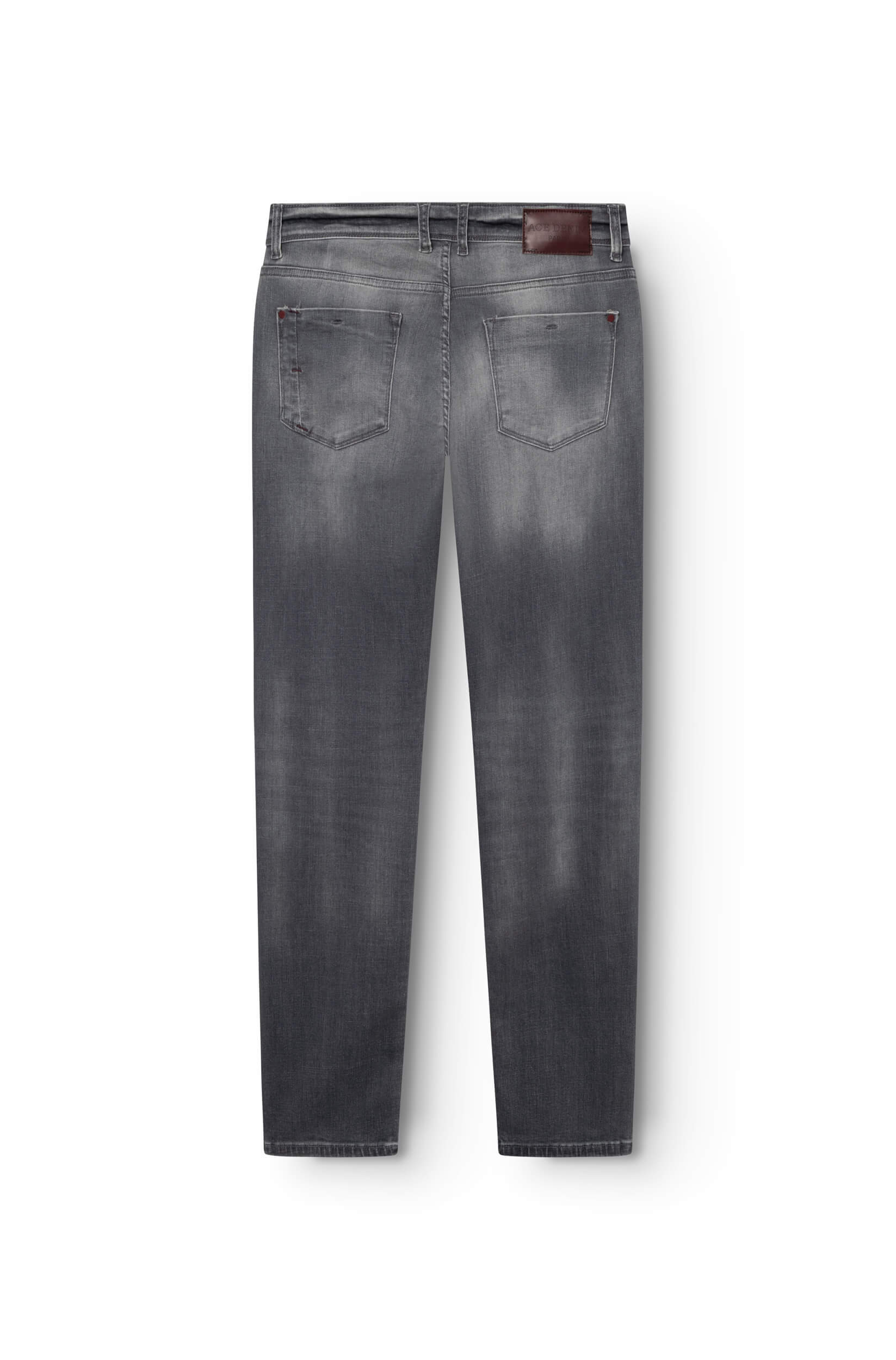 Gray jeans AD03 with burgundy leather patch viewed from the back