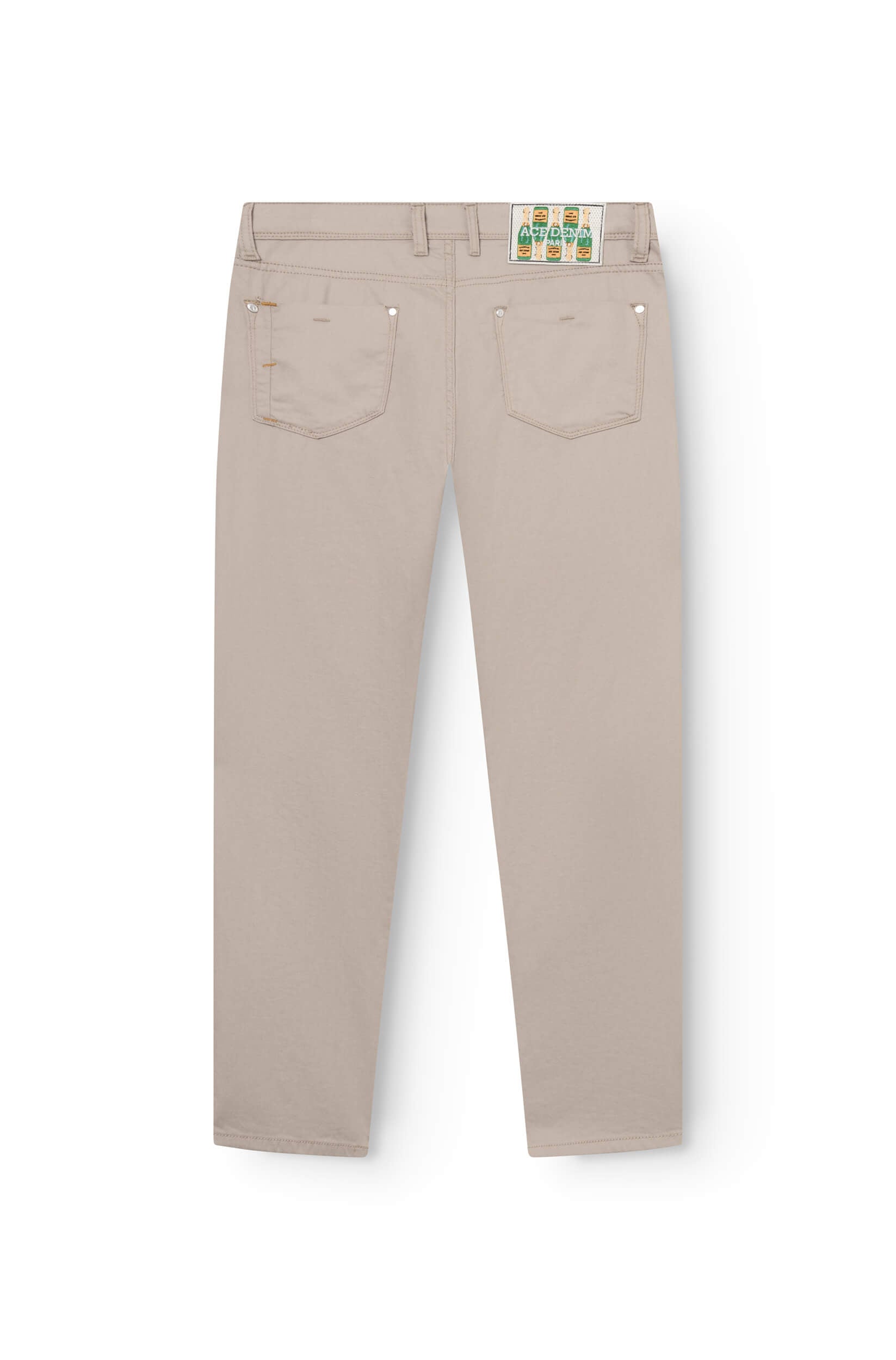 back of the slim jeans in beige cotton and flax for men with a patch featuring a champagne design