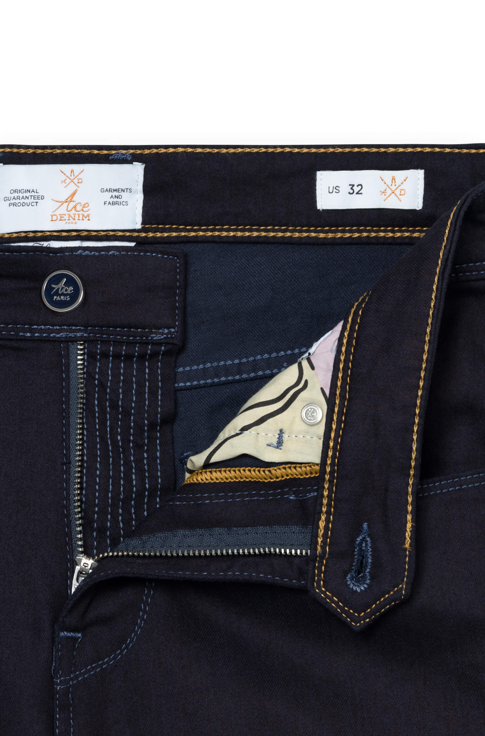 Zipper fly of raw denim jeans