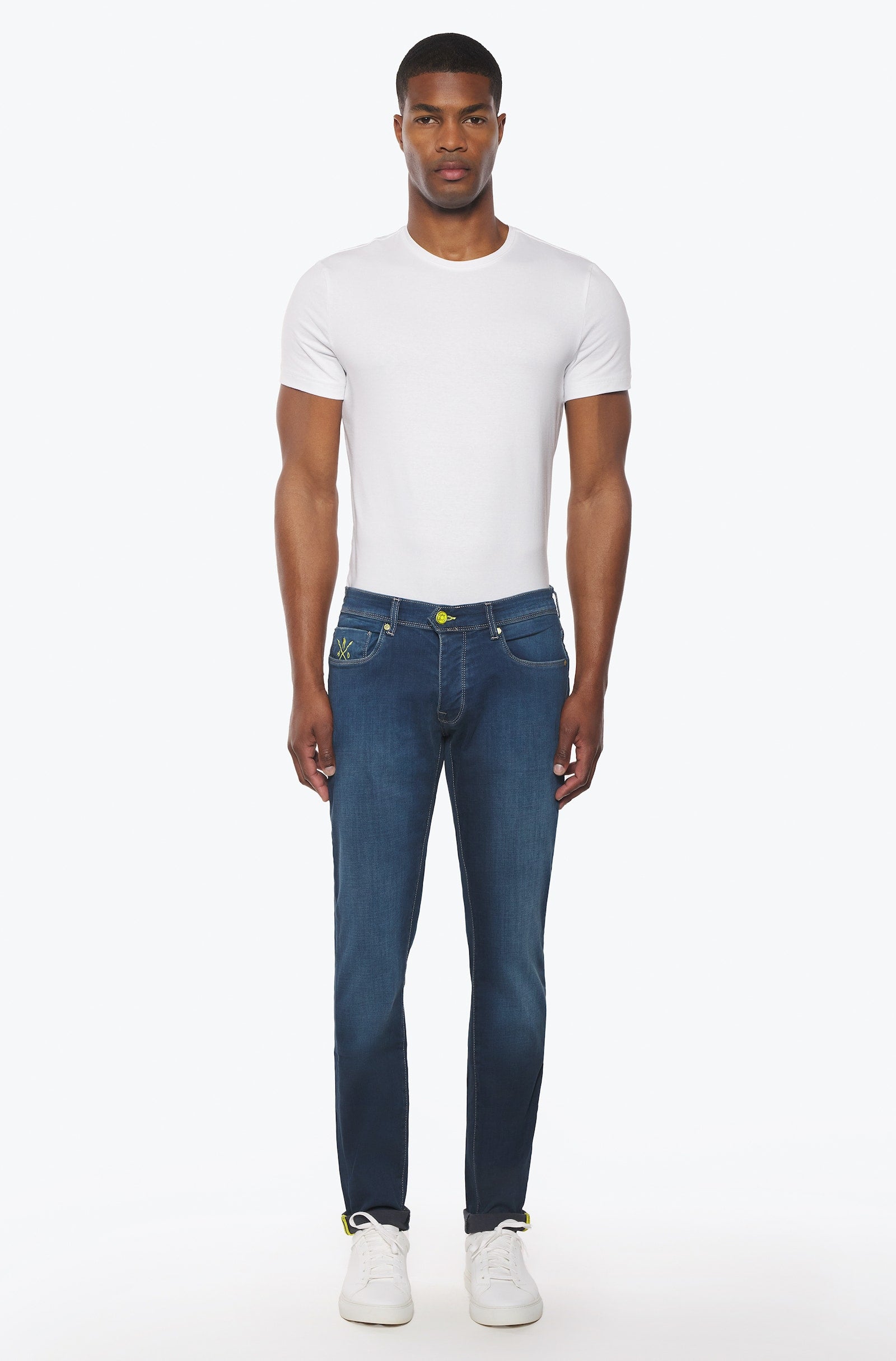 Jeans slim homme bleu foncé jaune Vue 2 - Ace Denim Paris