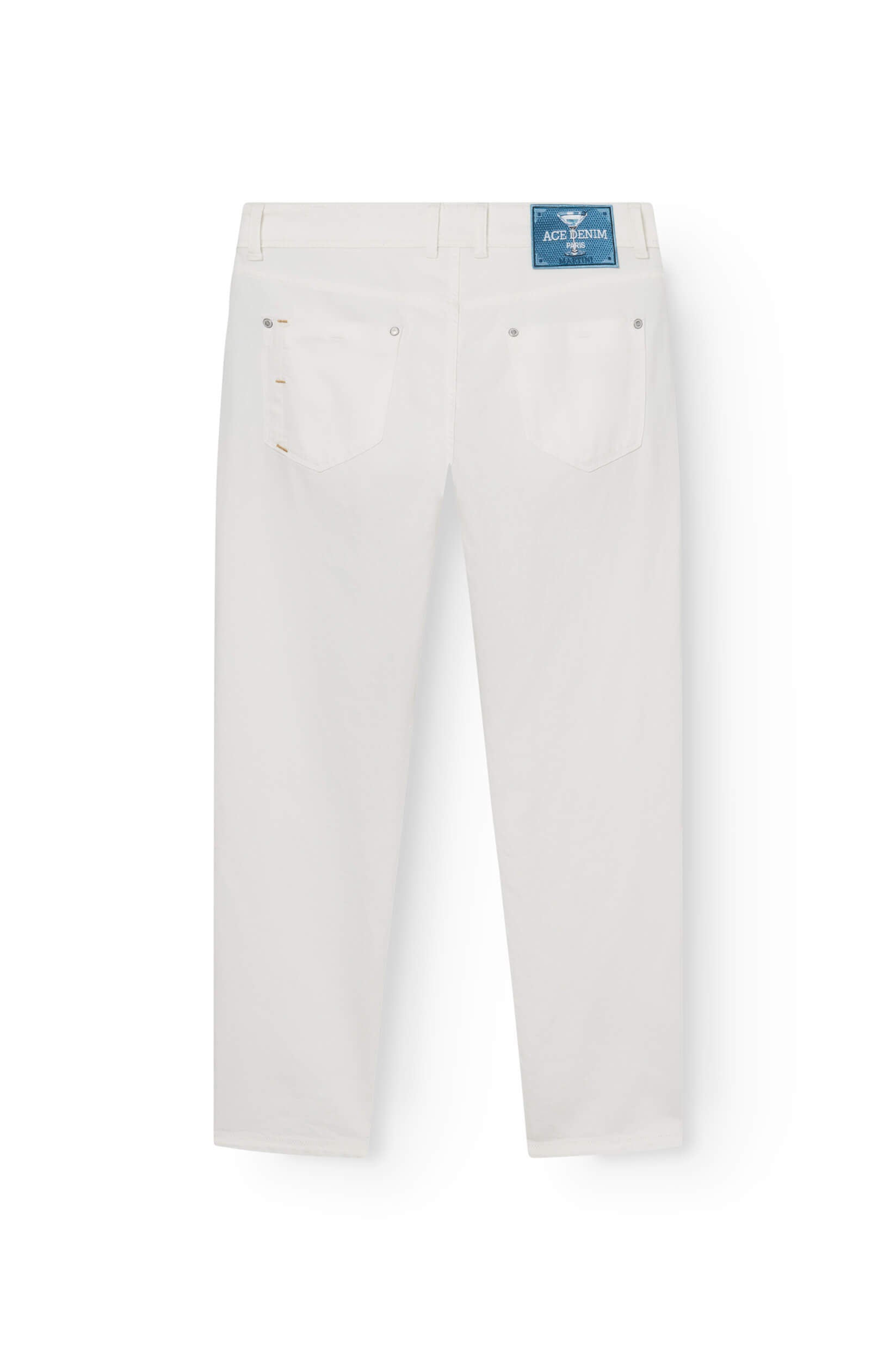 back of the slim jeans in white cotton and flax for men with a patch featuring a martini cocktail pattern