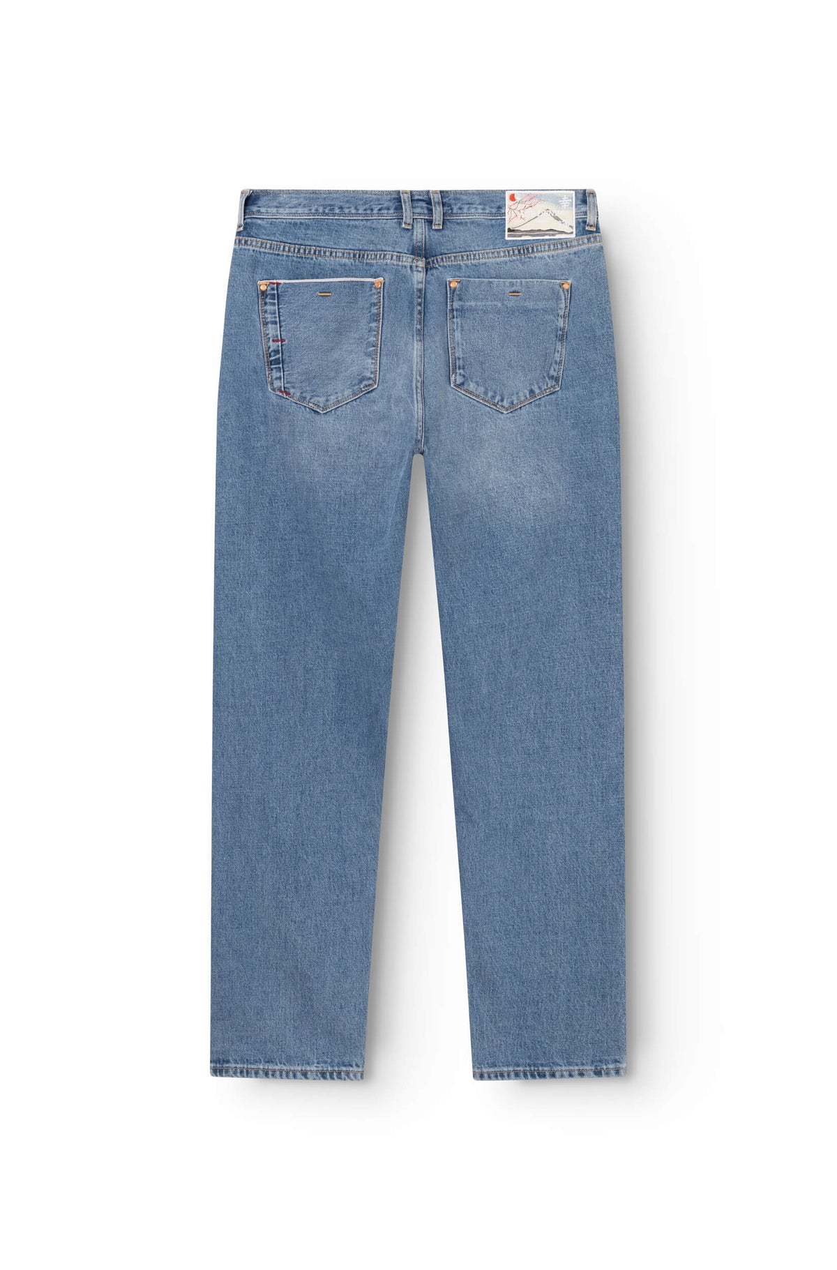 Vue arrière jean droit selvedge bleu stone avec patch Mont Fuji brodé en ceinture — AD 53 Selvedge Ace Denim Paris