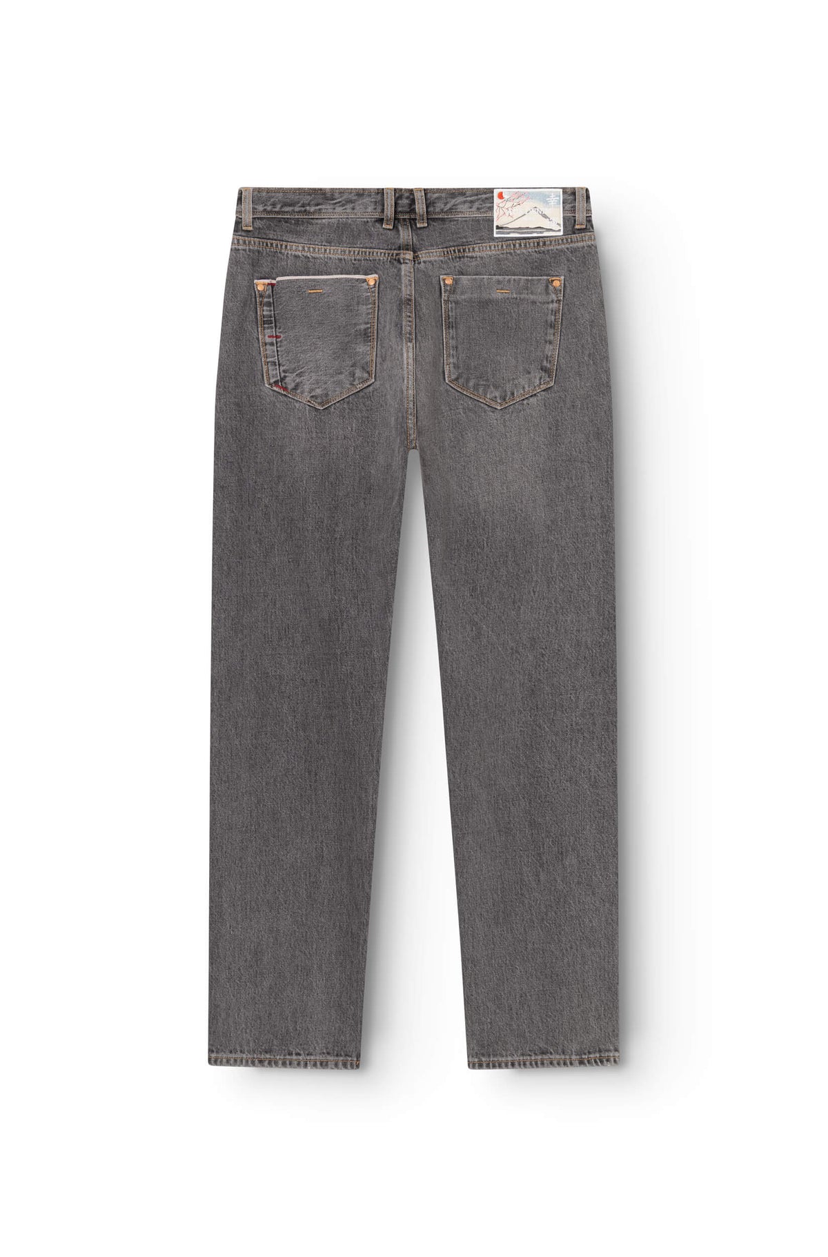 Vue arrière jean droit selvedge gris avec patch Mont Fuji brodé en ceinture — AD 53 Selvedge Ace Denim Paris