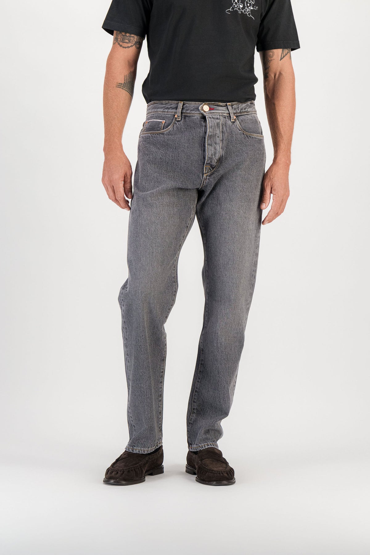 Grey selvedge straight jeans worn, front view — AD 53 Selvedge Ace Denim Paris
