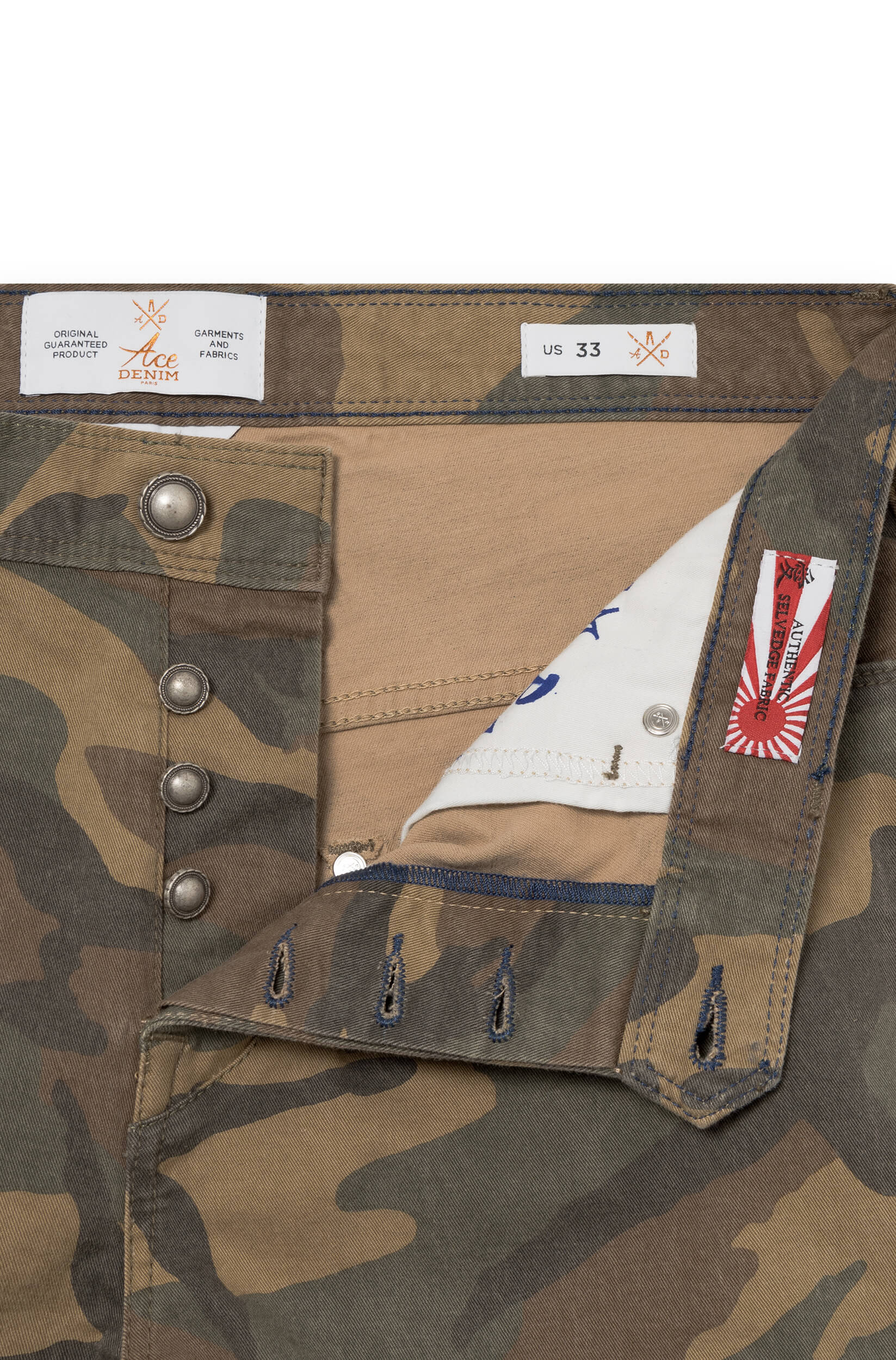 Close-up on the metal buttons of the Japanese selvedge jeans