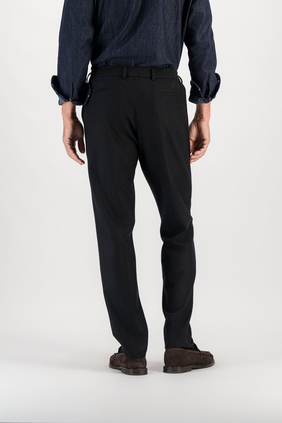Loose Merino Wool Trousers Black back view, model 186 cm size 32 — Ace Denim Paris