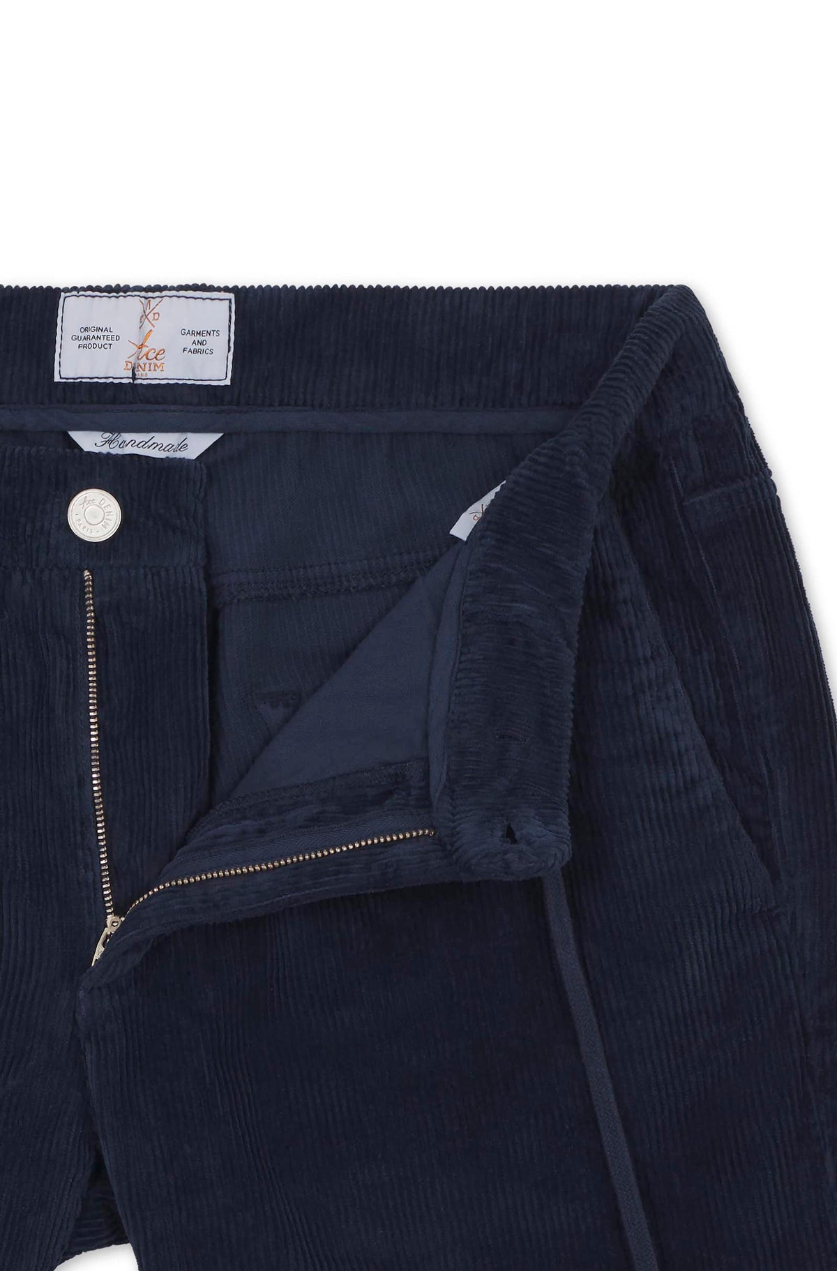 Detail waistband and fly, navy corduroy trousers, Handmade label, button and zip — Ace Denim Paris