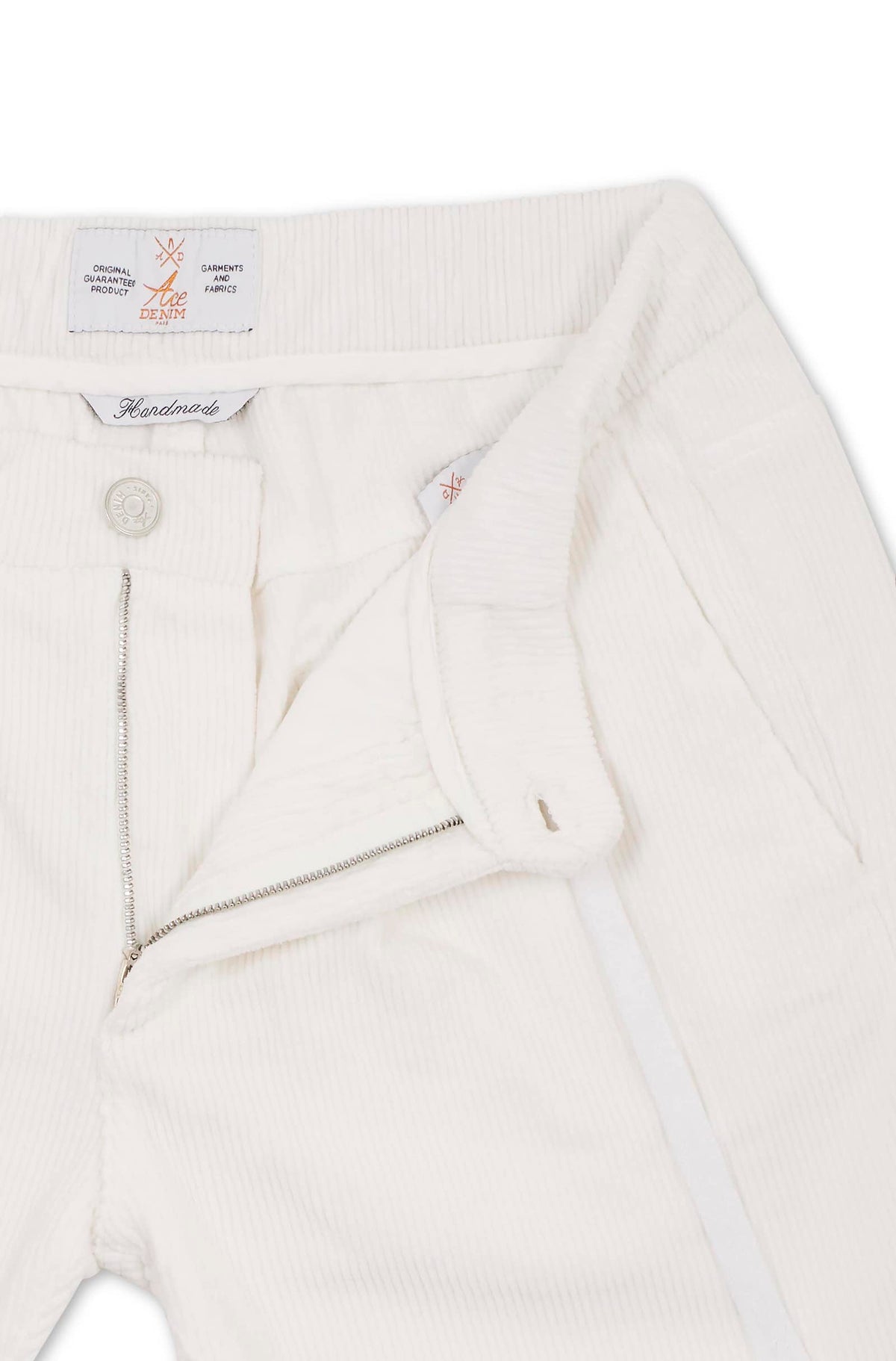 Detail waistband and fly, off-white corduroy trousers, Handmade label, button and zip — Ace Denim Paris