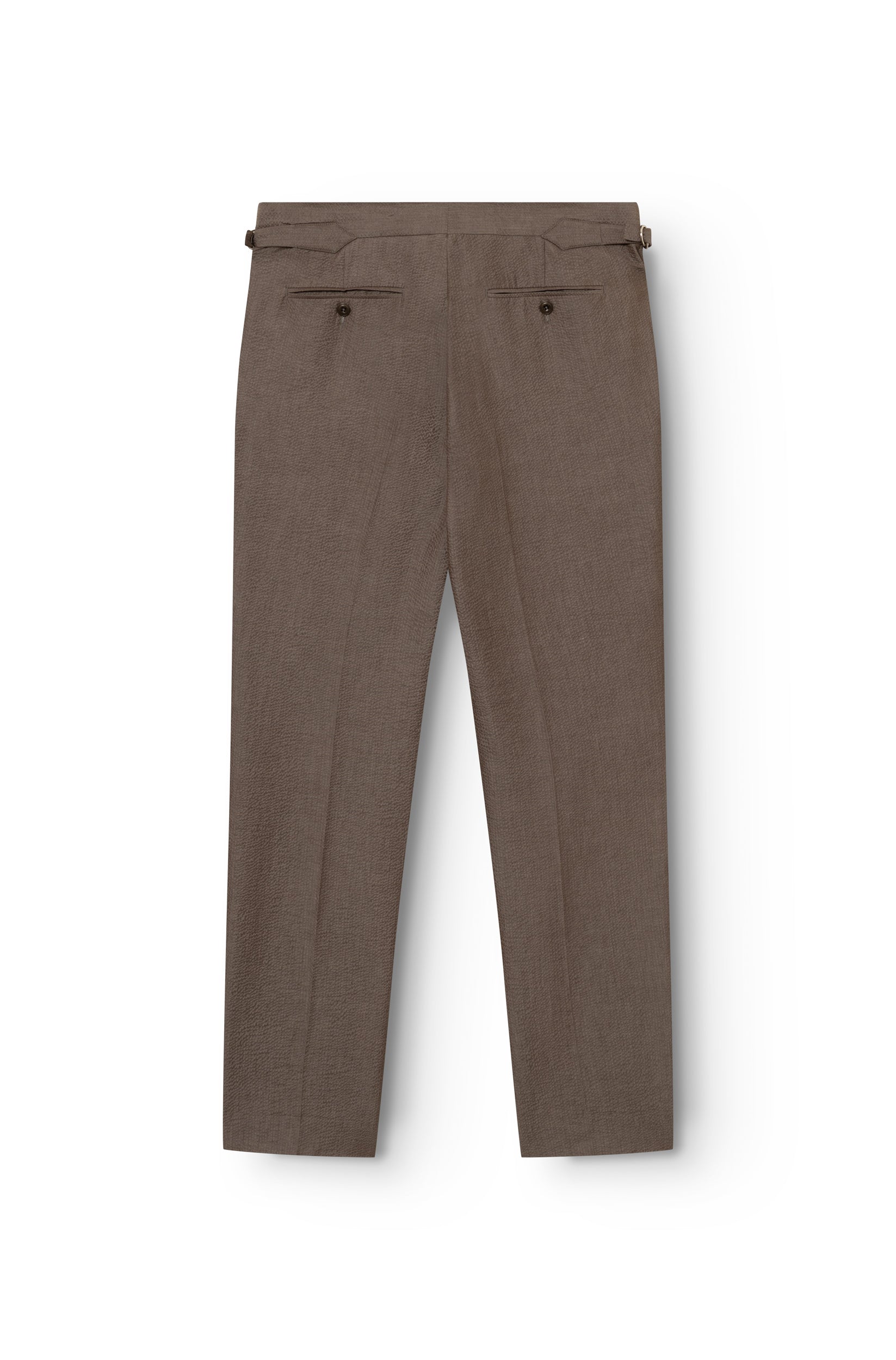 Rear view of the brown seersucker pants with waist adjuster and welt pockets — AD 52 Ace Denim Paris
