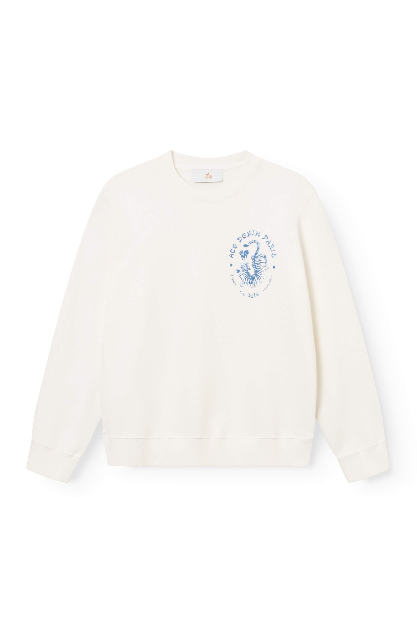 Front view of the off-white cotton sweatshirt hand-dyed and printed with a tiger by ace Paris