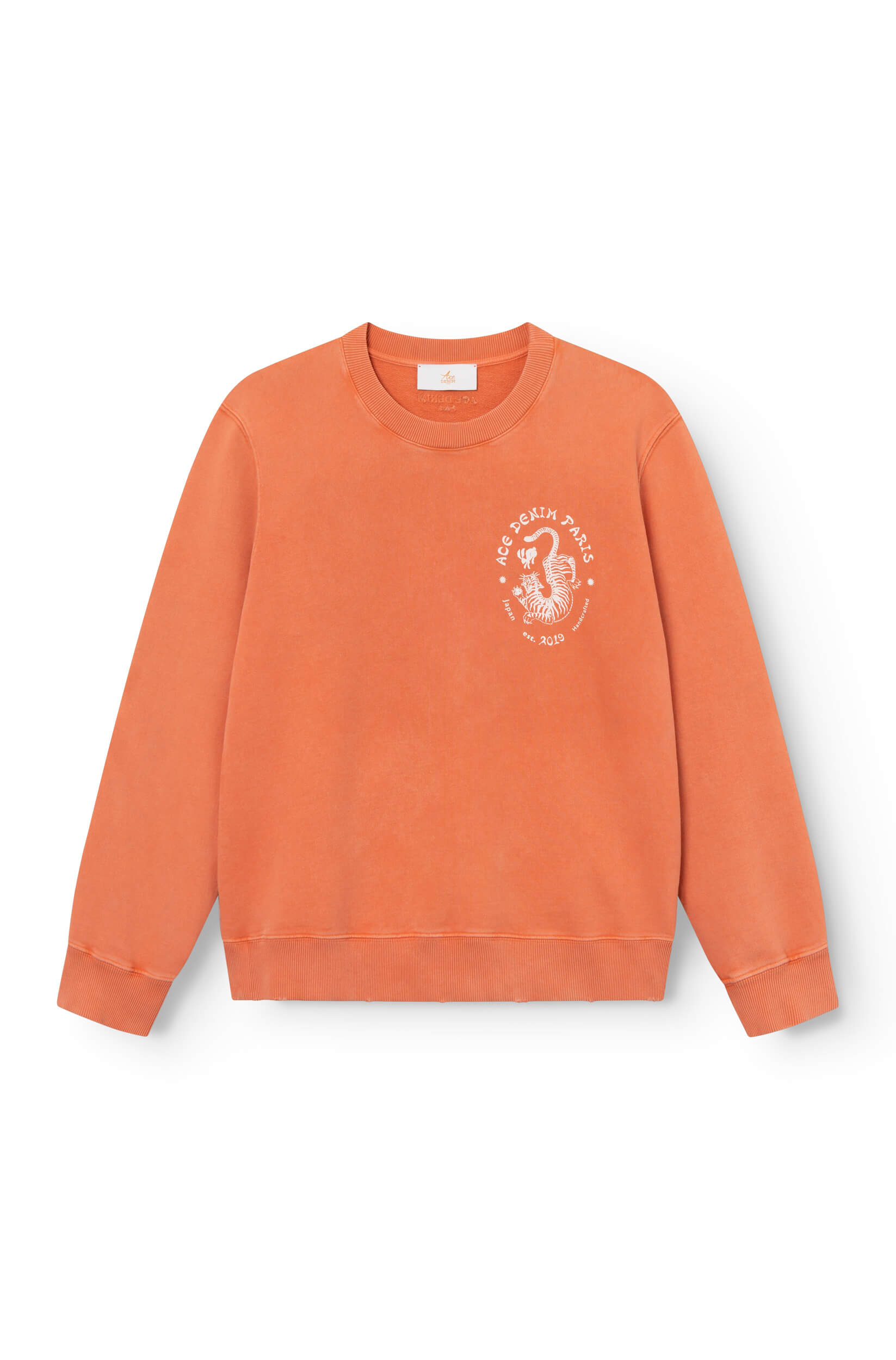 Front view of the off-white cotton sweatshirt, hand-dyed and printed with a tiger, ace Paris