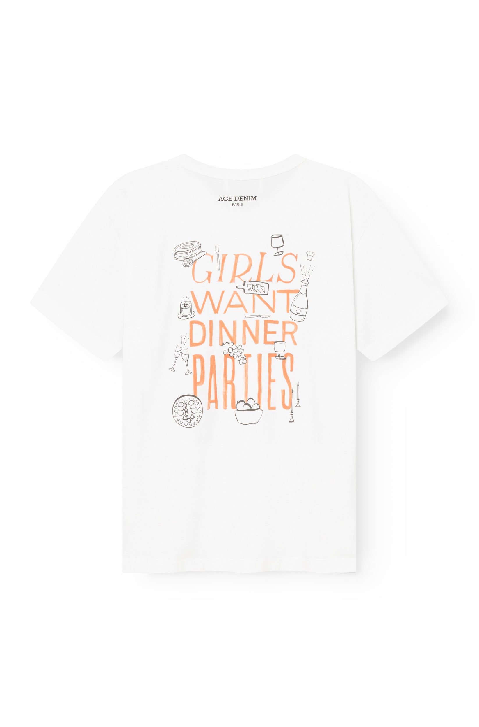 Dos du t-shirt blanc AD95 Dinner Parties, illustration champagne bougies art de la table, Ace Denim Paris
