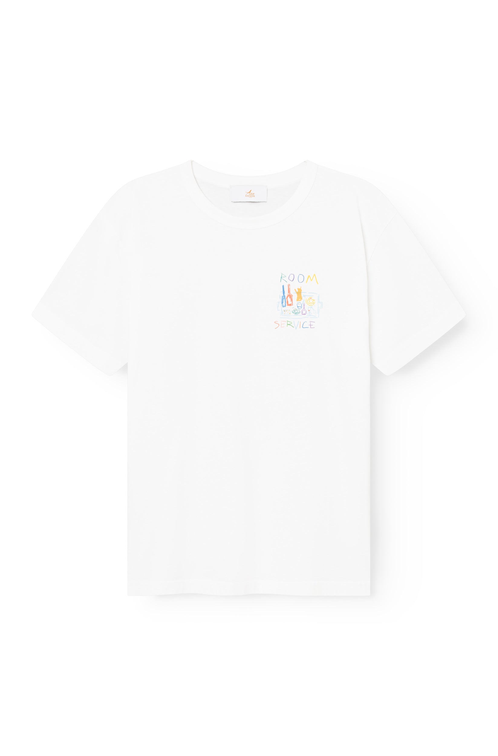 T-shirt blanc coupe oversize, illustration colorée Room Service sur la poitrine, Ace Denim Paris
