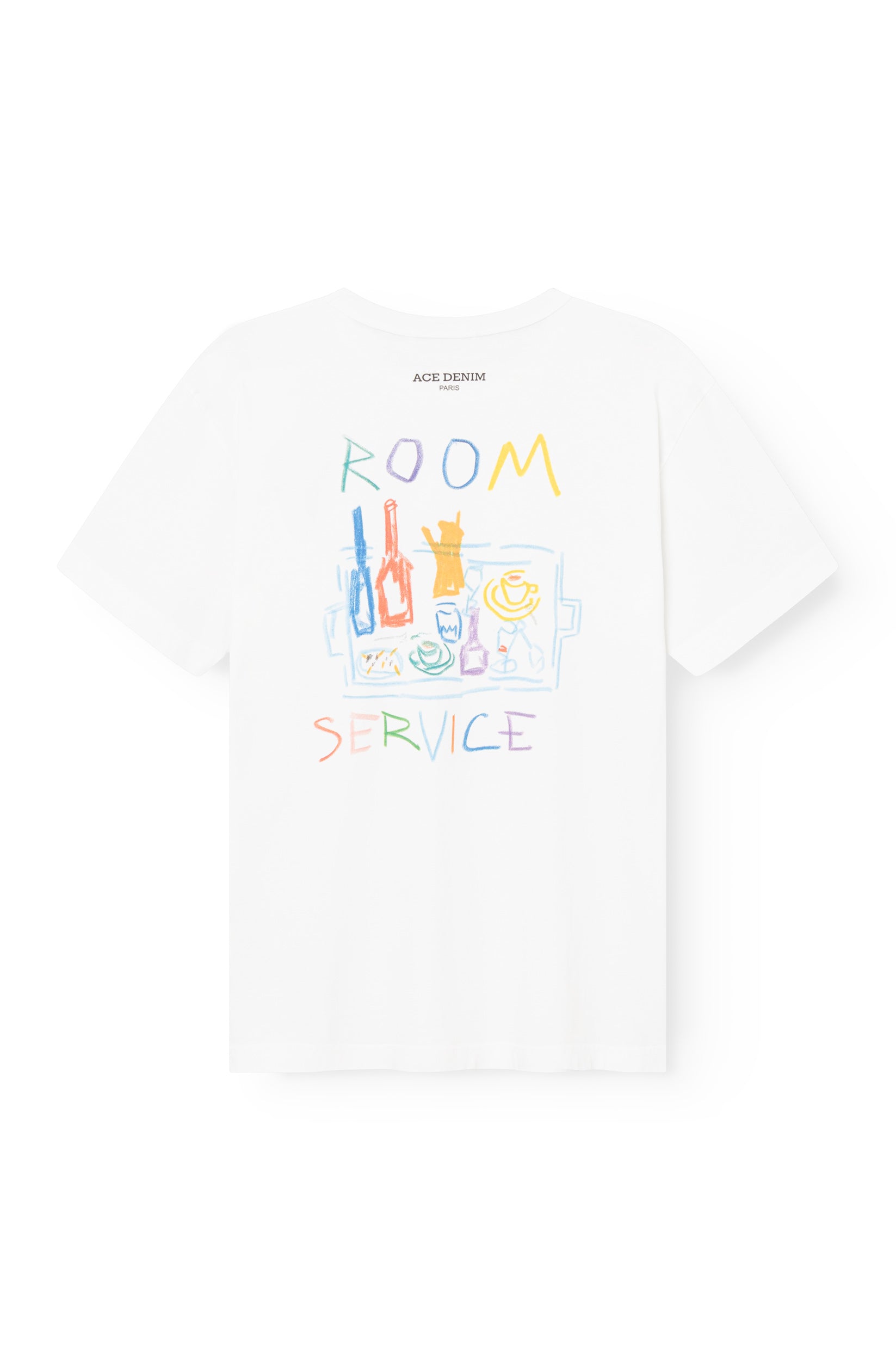Dos du t-shirt blanc AD95 Room Service, illustration colorée plateau d&