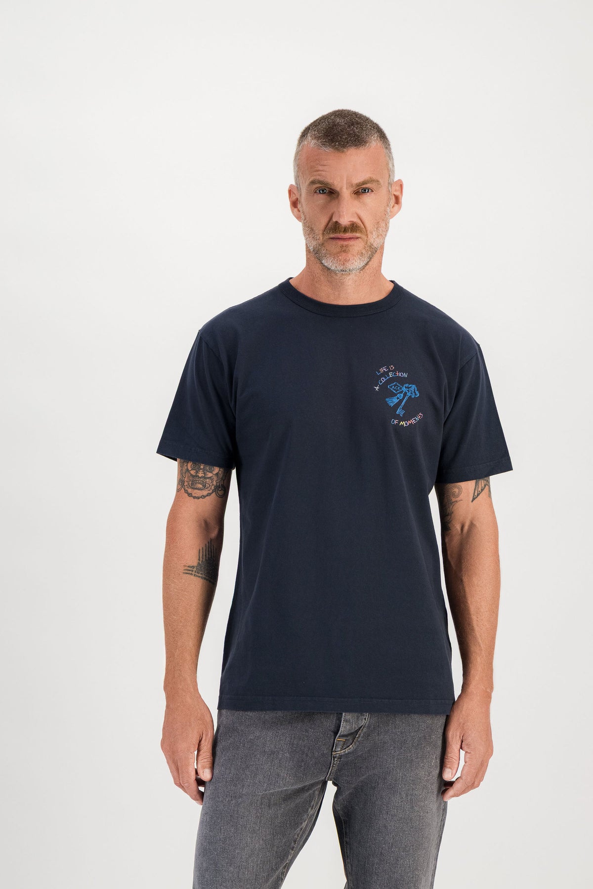T-shirt Moments Marine worn front view, ACE MOMENTS illustration on chest, mannequin 1m86 size M — Ace Denim Paris