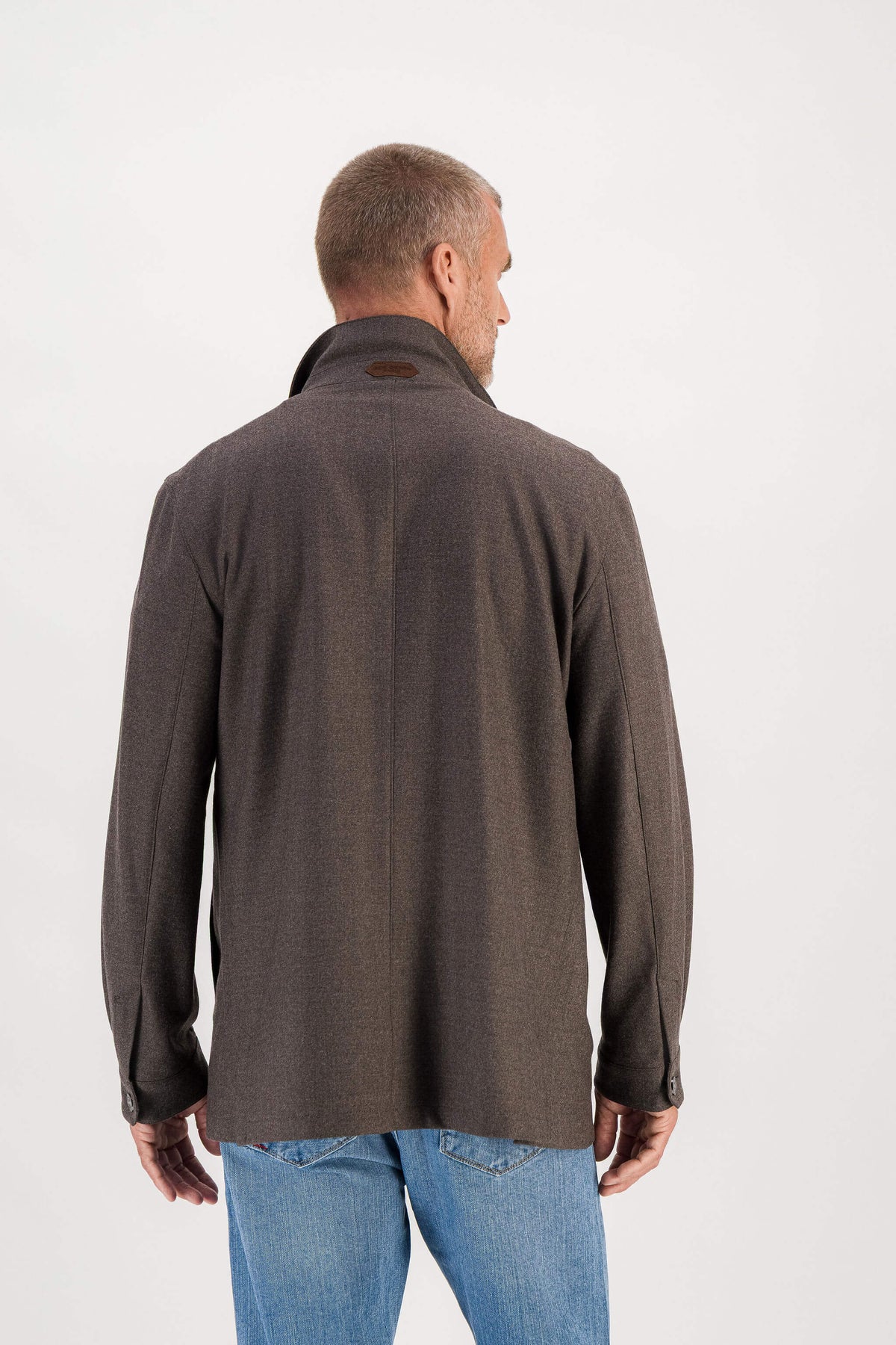 Brown houndstooth merino wool jacket worn, back view, model 186 cm size M — Ace Denim Paris