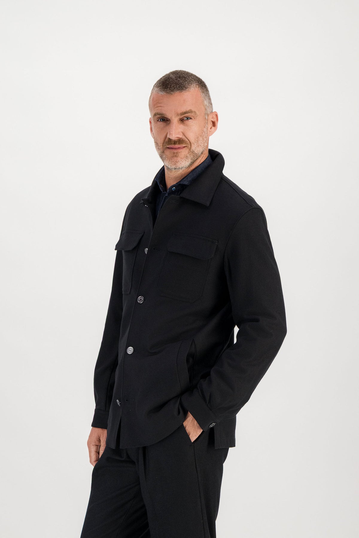 Black merino wool jacket three-quarter view, model 186 cm size M — Ace Denim Paris