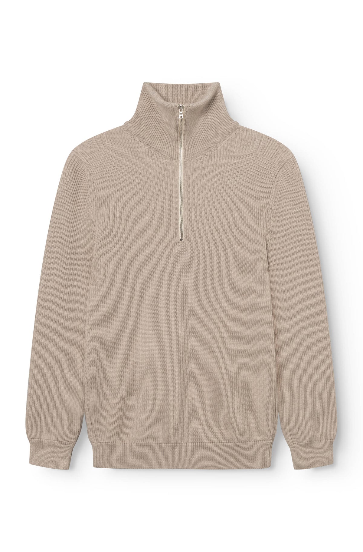 Pull Col Zippé Laine Beige vue face, zip fermé — Ace Denim Paris