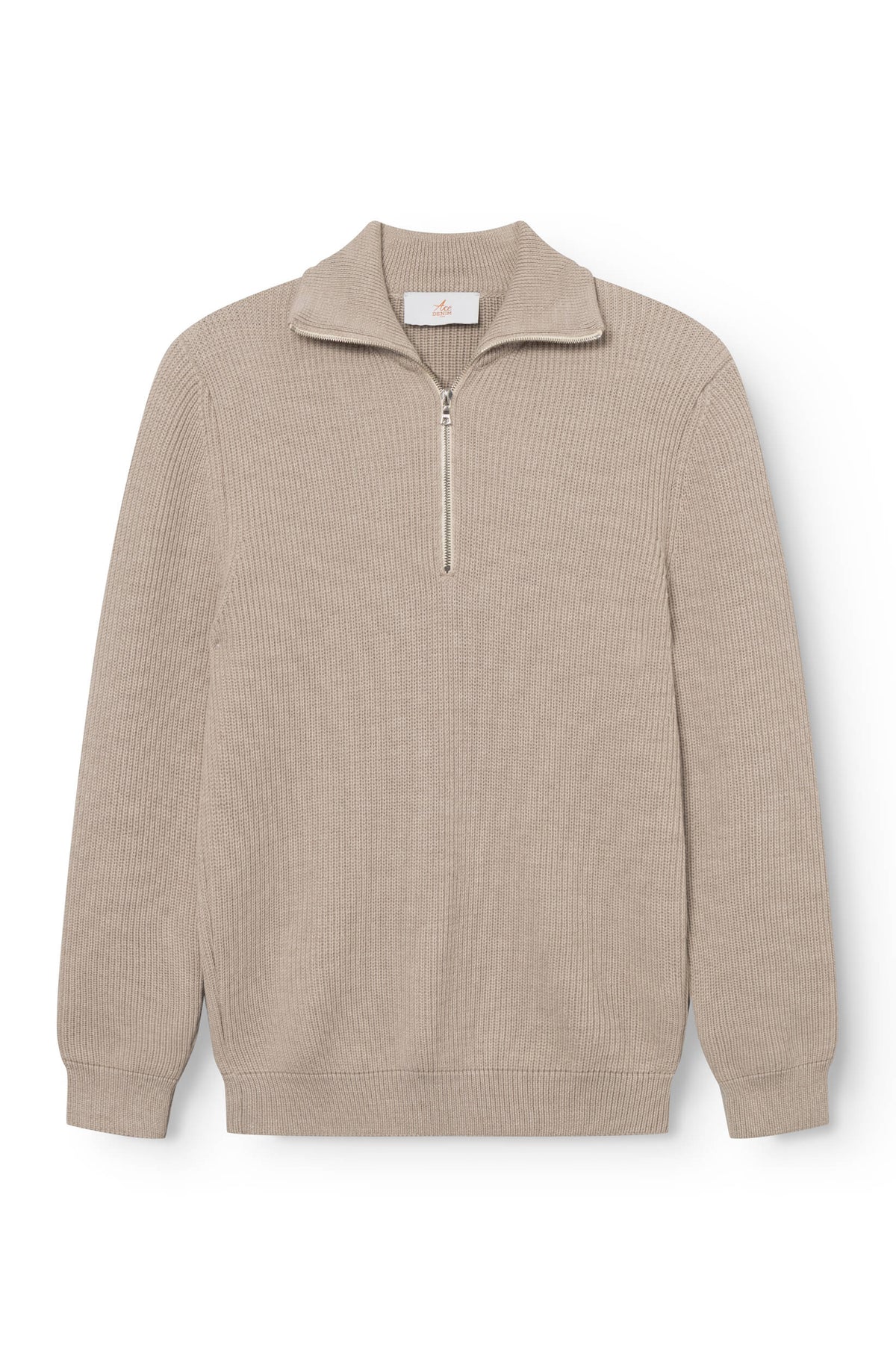 Pull Col Zippé Laine Beige vue face, zip ouvert et étiquette Ace Denim — Ace Denim Paris