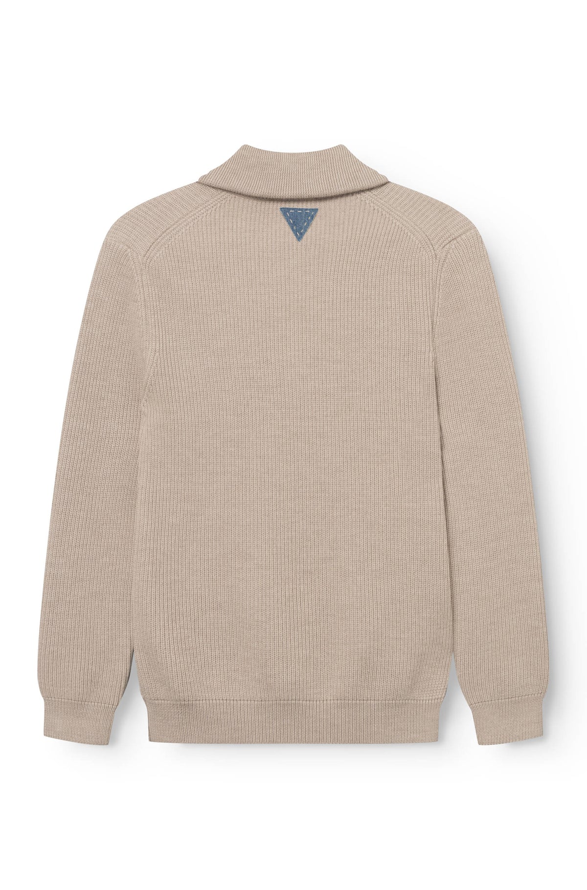 Pull Col Zippé Laine Beige vue dos, patch denim triangulaire — Ace Denim Paris