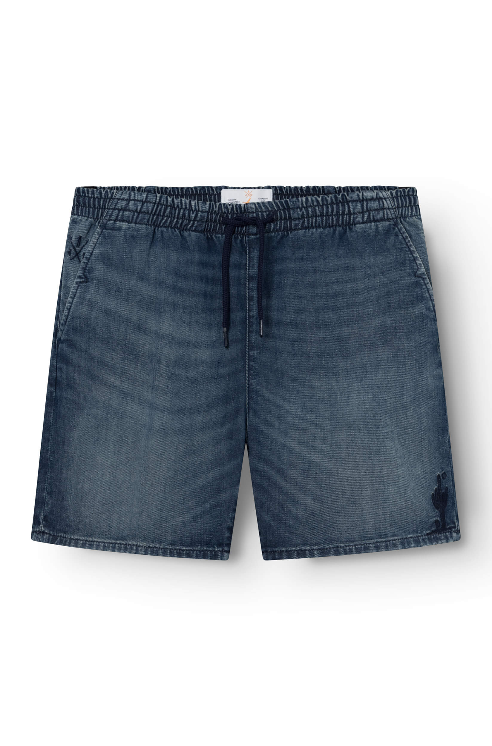 blue denim shorts with a cactus pattern on the hip