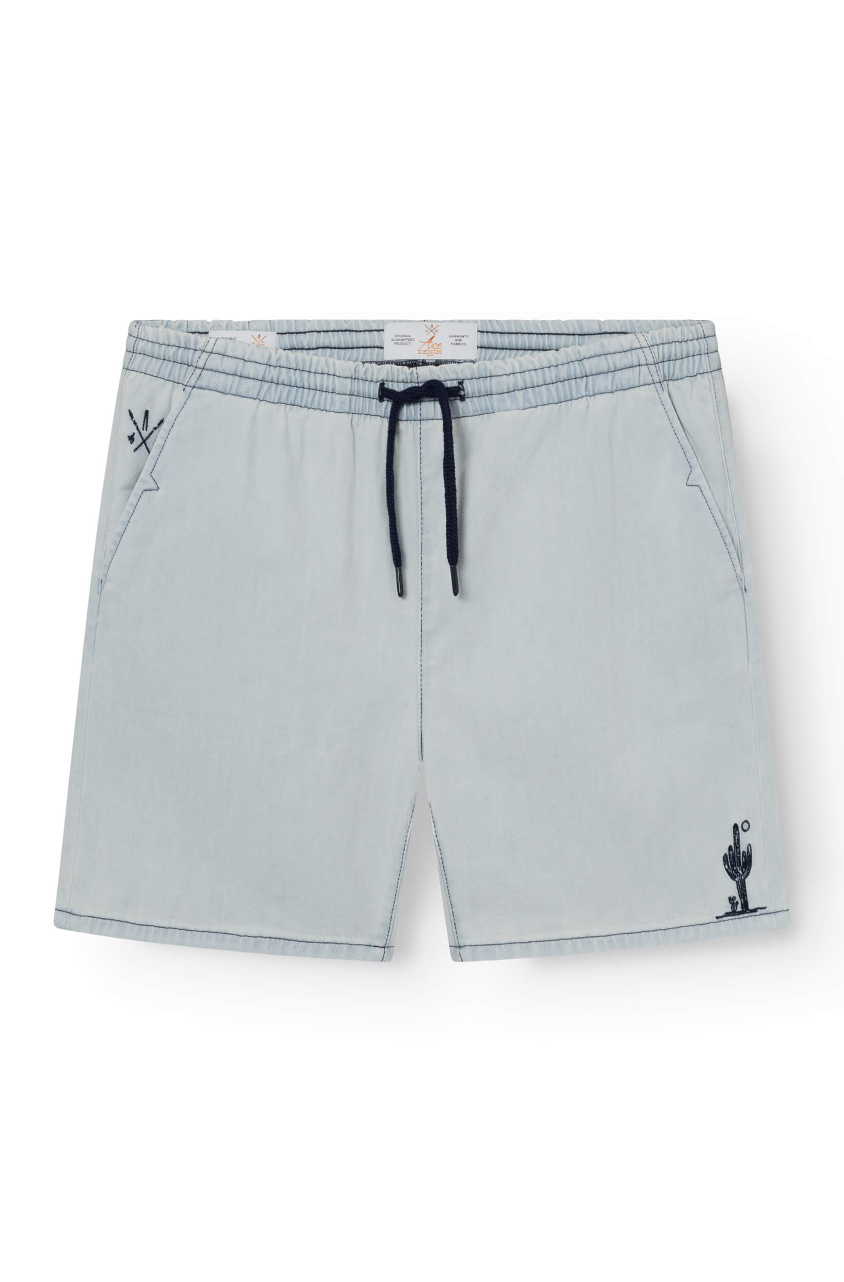 denim shorts in faded blue with a cactus pattern on the hip