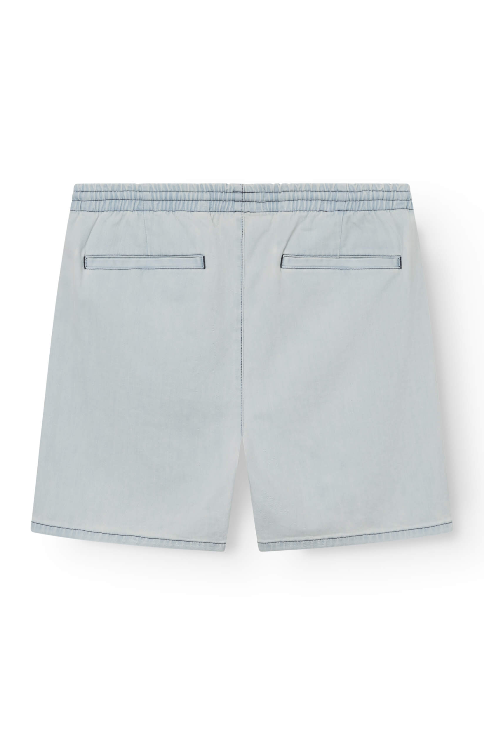 back of the faded blue denim shorts