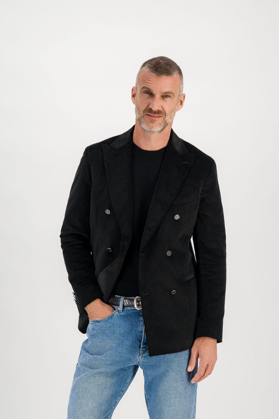 Double-Breasted Corduroy Cashmere Blazer Black worn open, three-quarter view, model 186 cm size 50 — Ace Denim Paris
