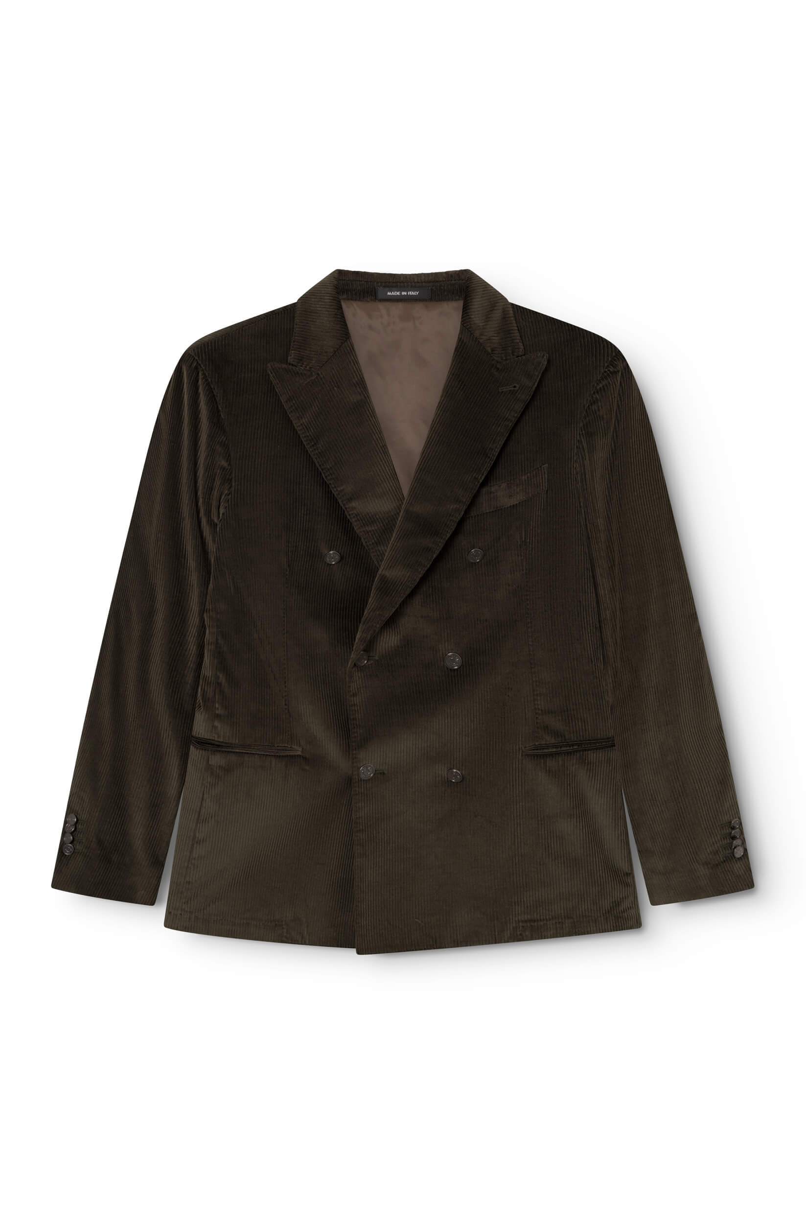 Double-breasted jacket in khaki velvet seen from the front
