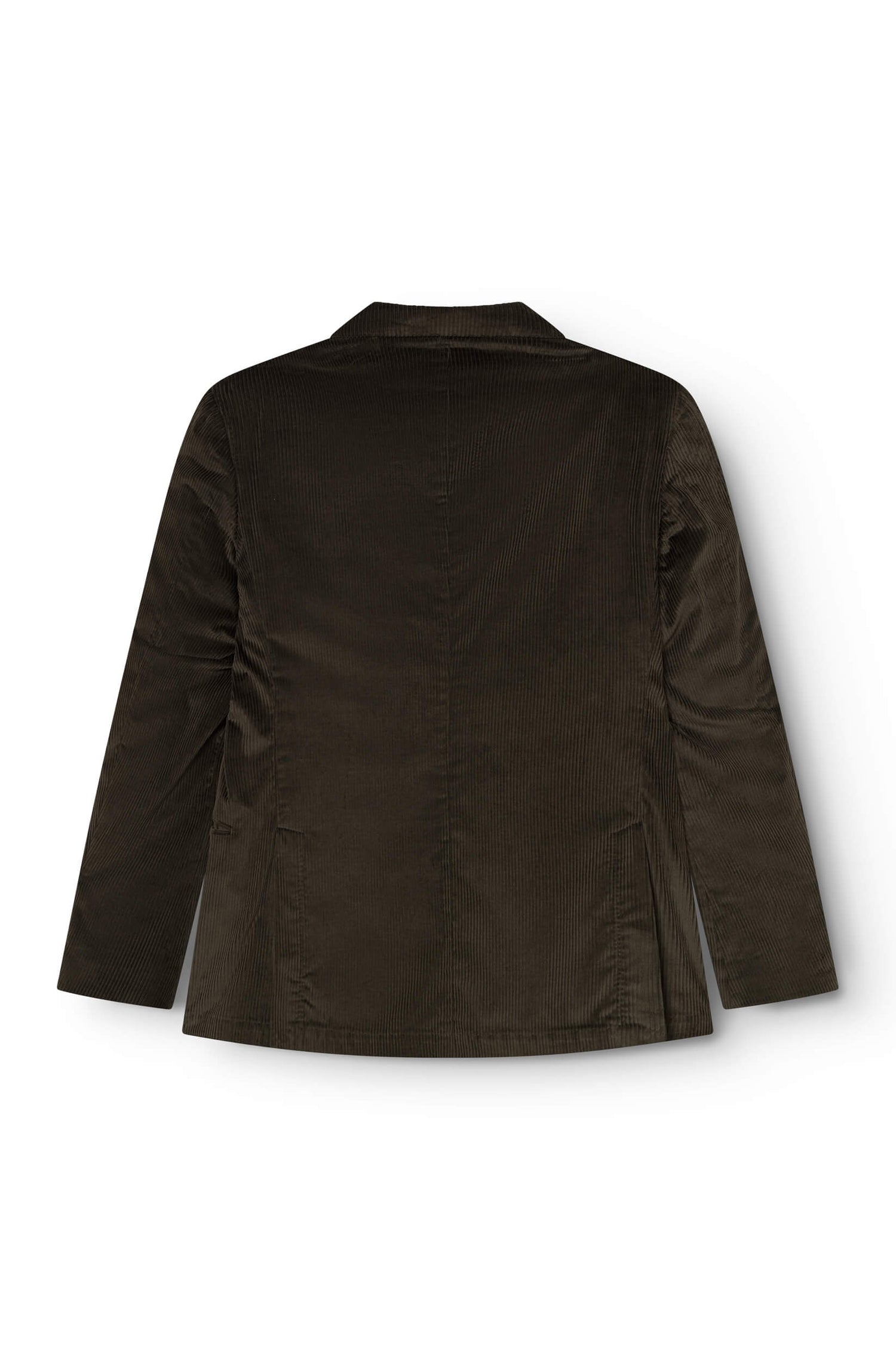 Rear view of the double-breasted jacket in khaki velvet