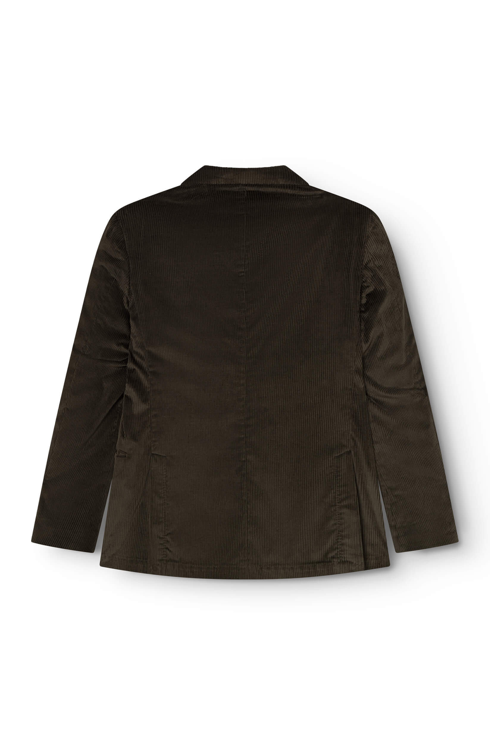 Rear view of the double-breasted jacket in khaki velvet
