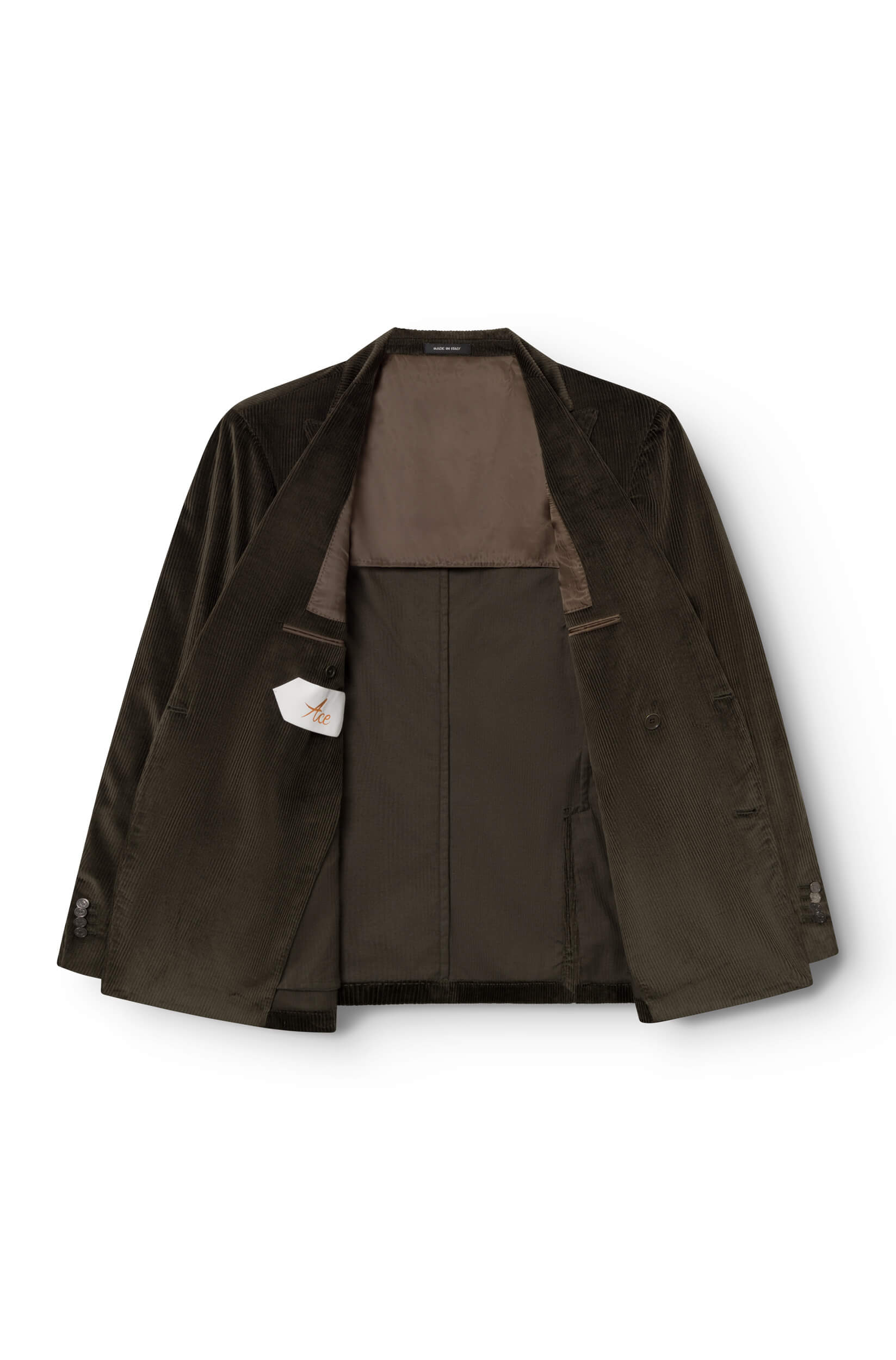 Double-breasted jacket in open khaki velvet with inner detail