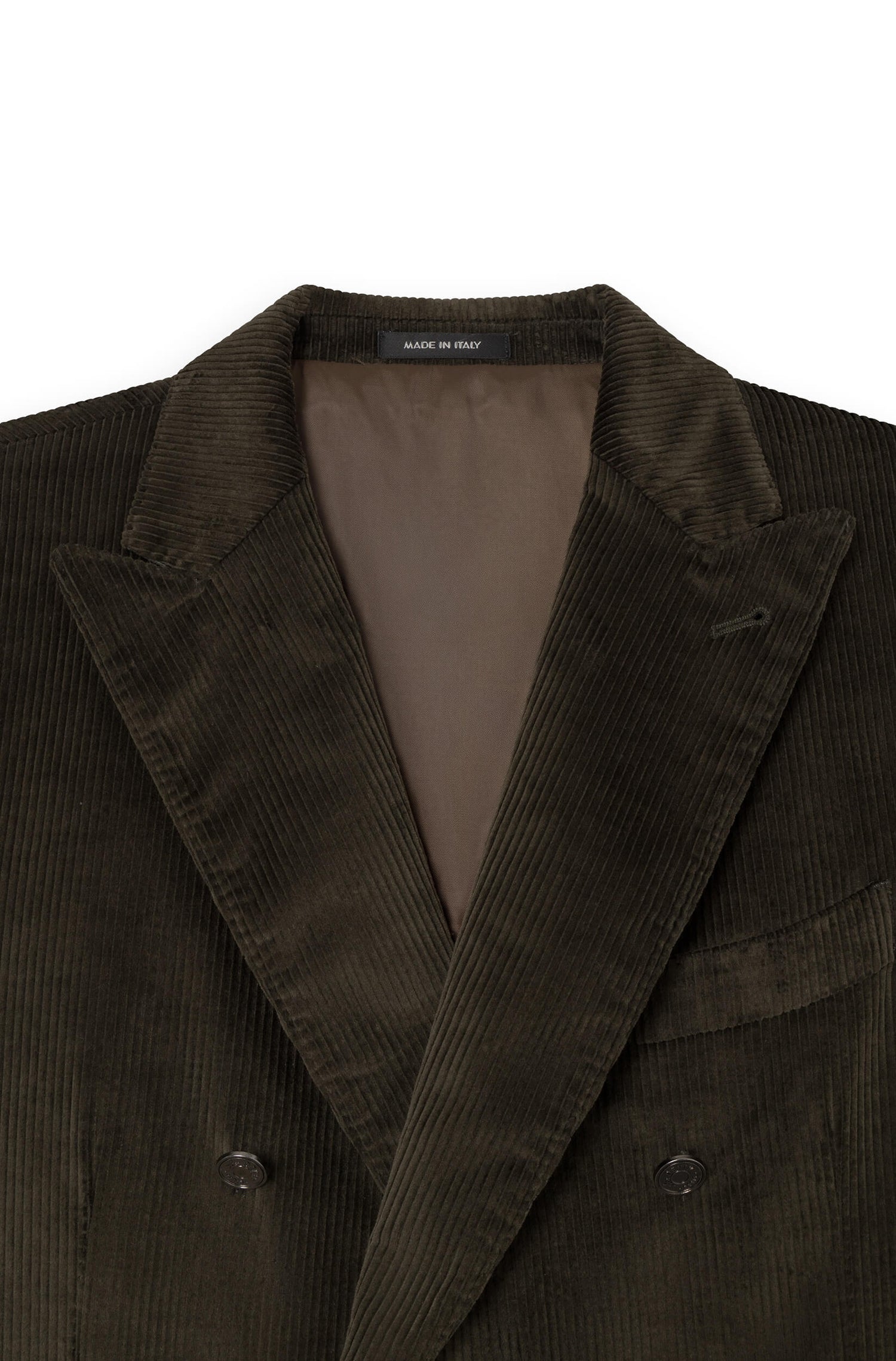 close-up of the collar of the khaki velvet jacket made in Italy