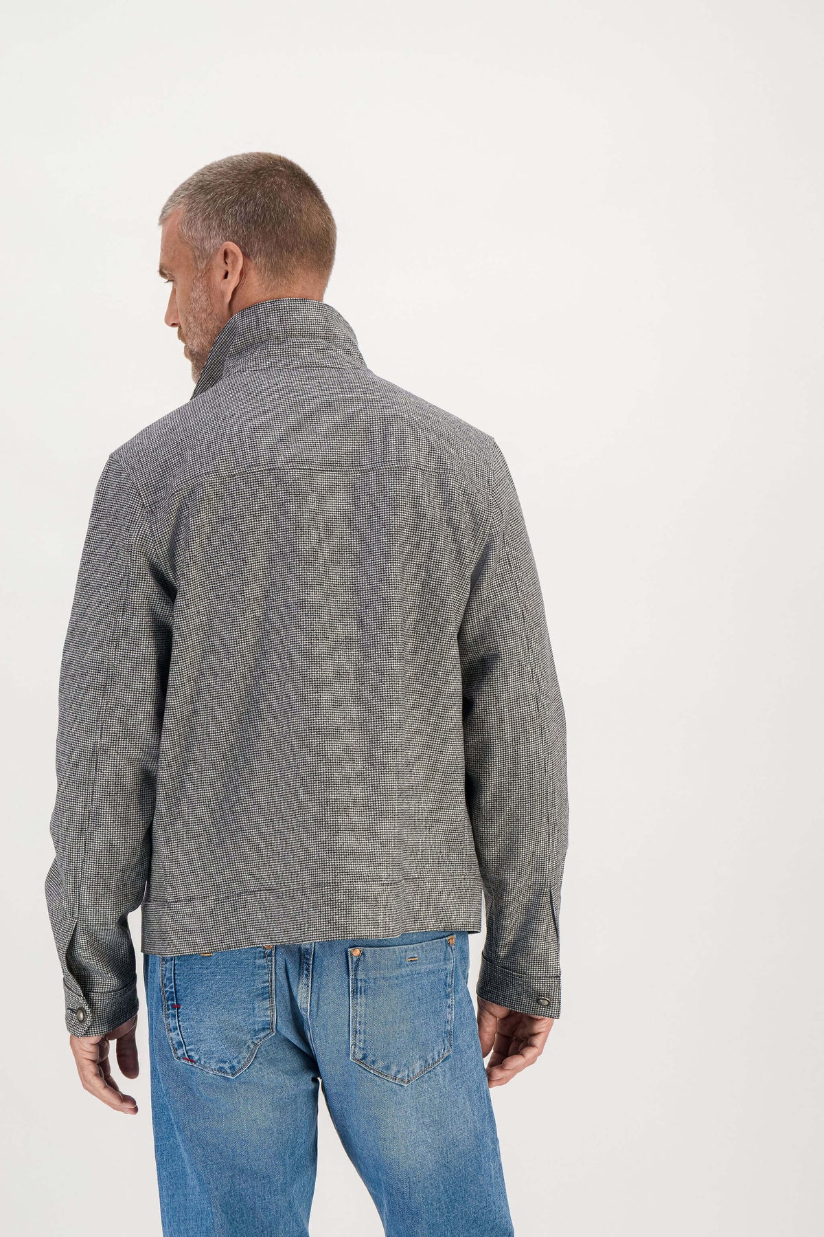 Houndstooth merino wool jacket worn, back view, model 186 cm size M — Ace Denim Paris