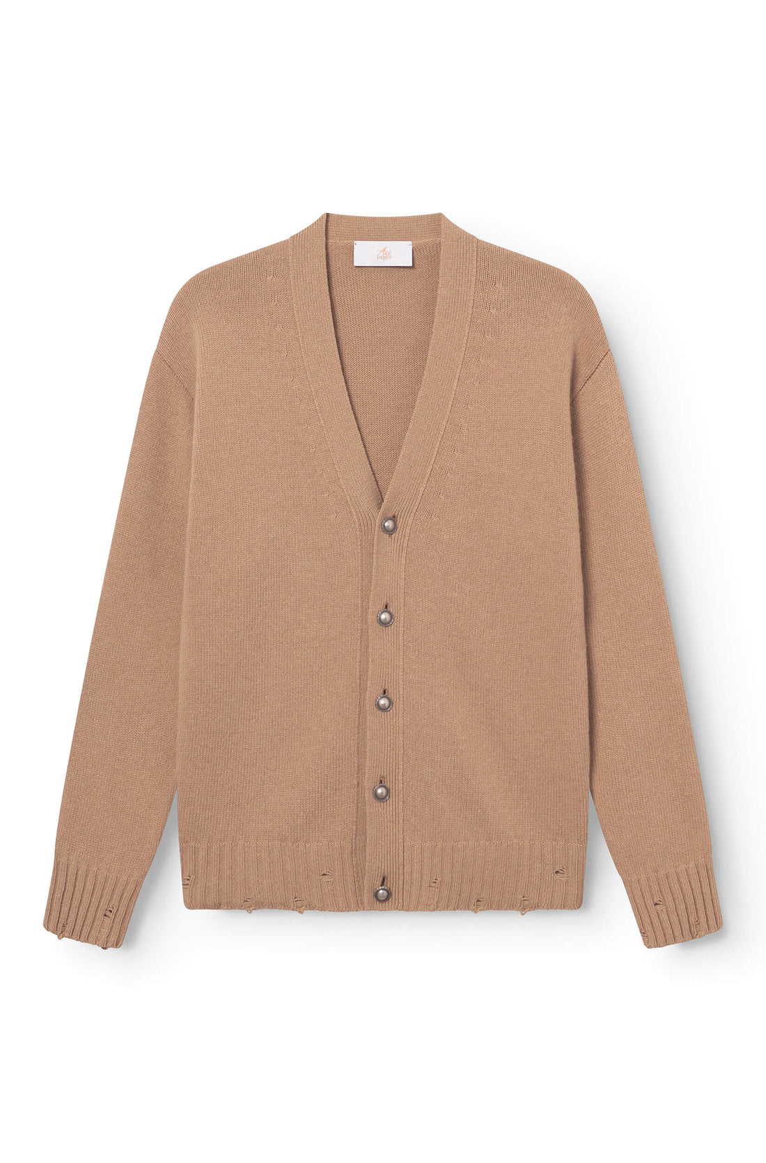 Cardigan Laine Mérinos et Cachemire Camel vue face, col V et boutons — Ace Denim Paris
