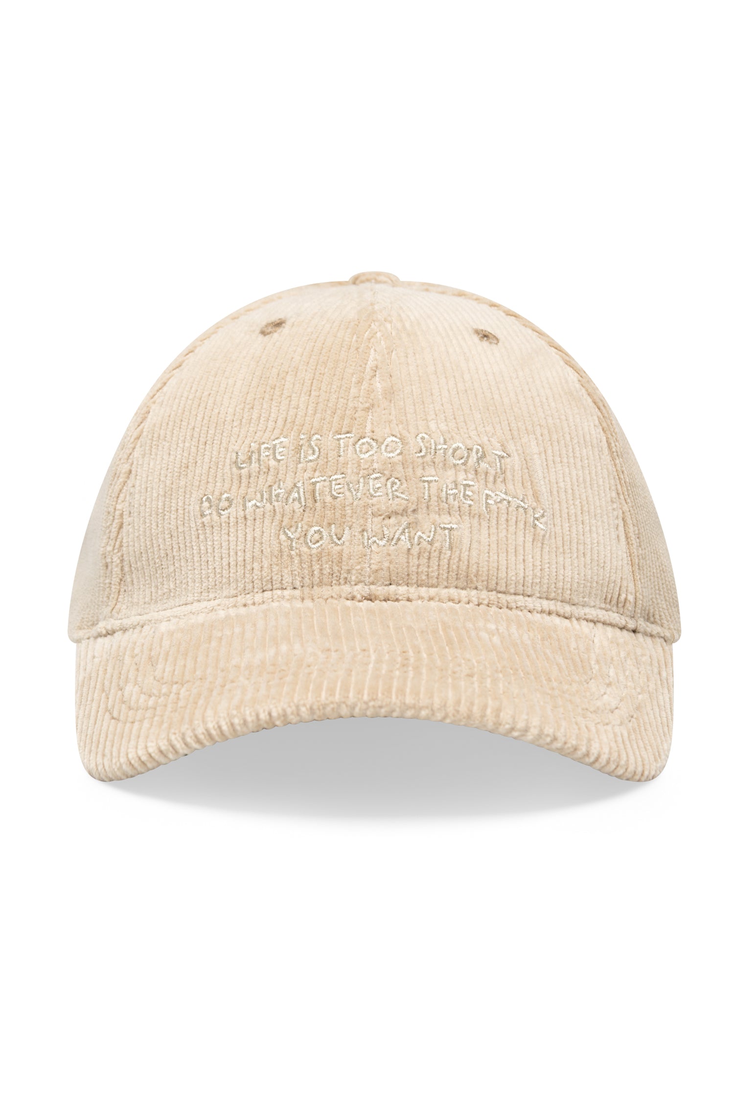 Casquette en velours côtelé beige, broderie manuscrite Life Is Too Short, AD 402 Ace Denim Paris
