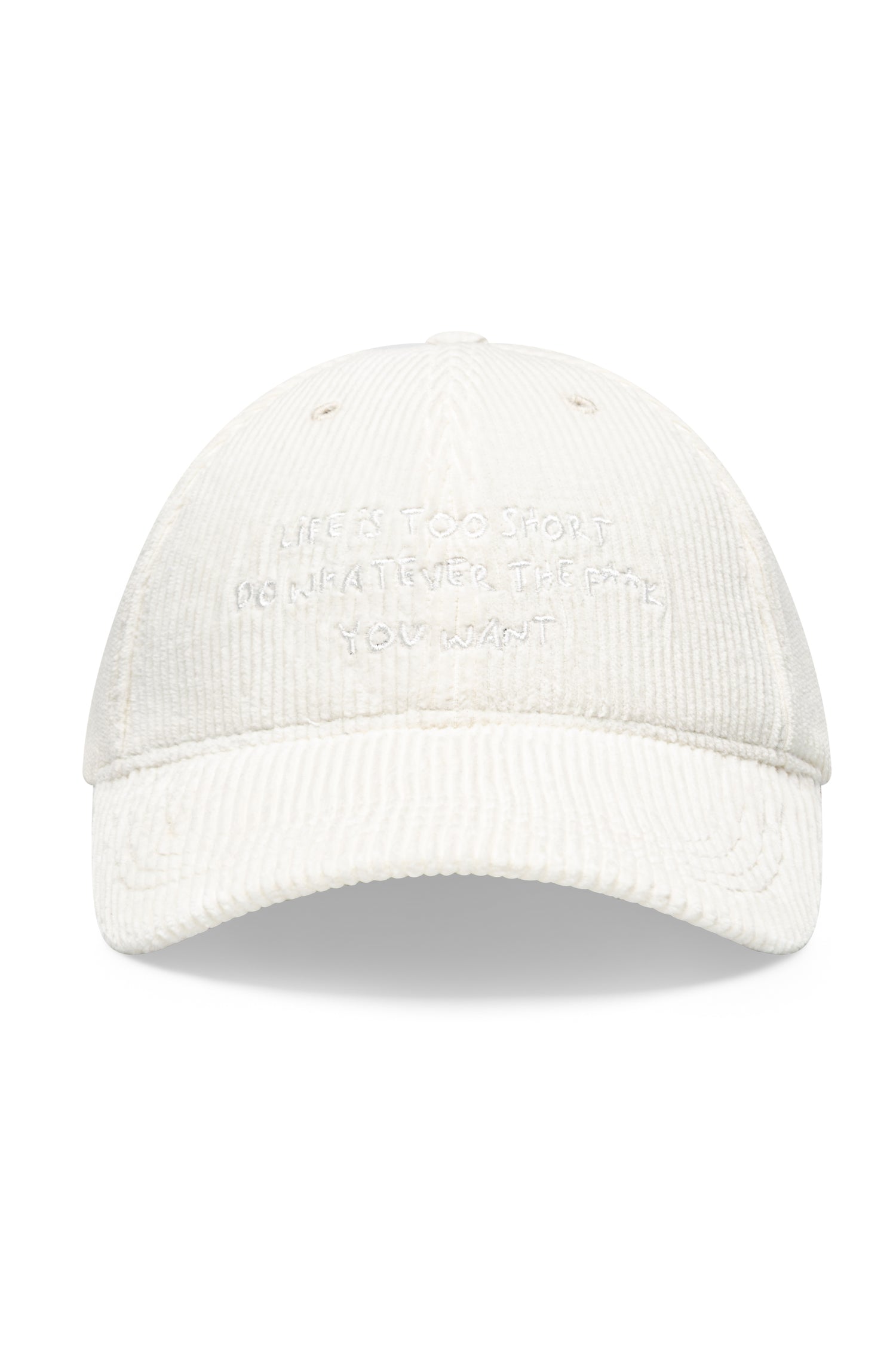Casquette en velours côtelé blanc, broderie manuscrite Life Is Too Short, AD 402 Ace Denim Paris
