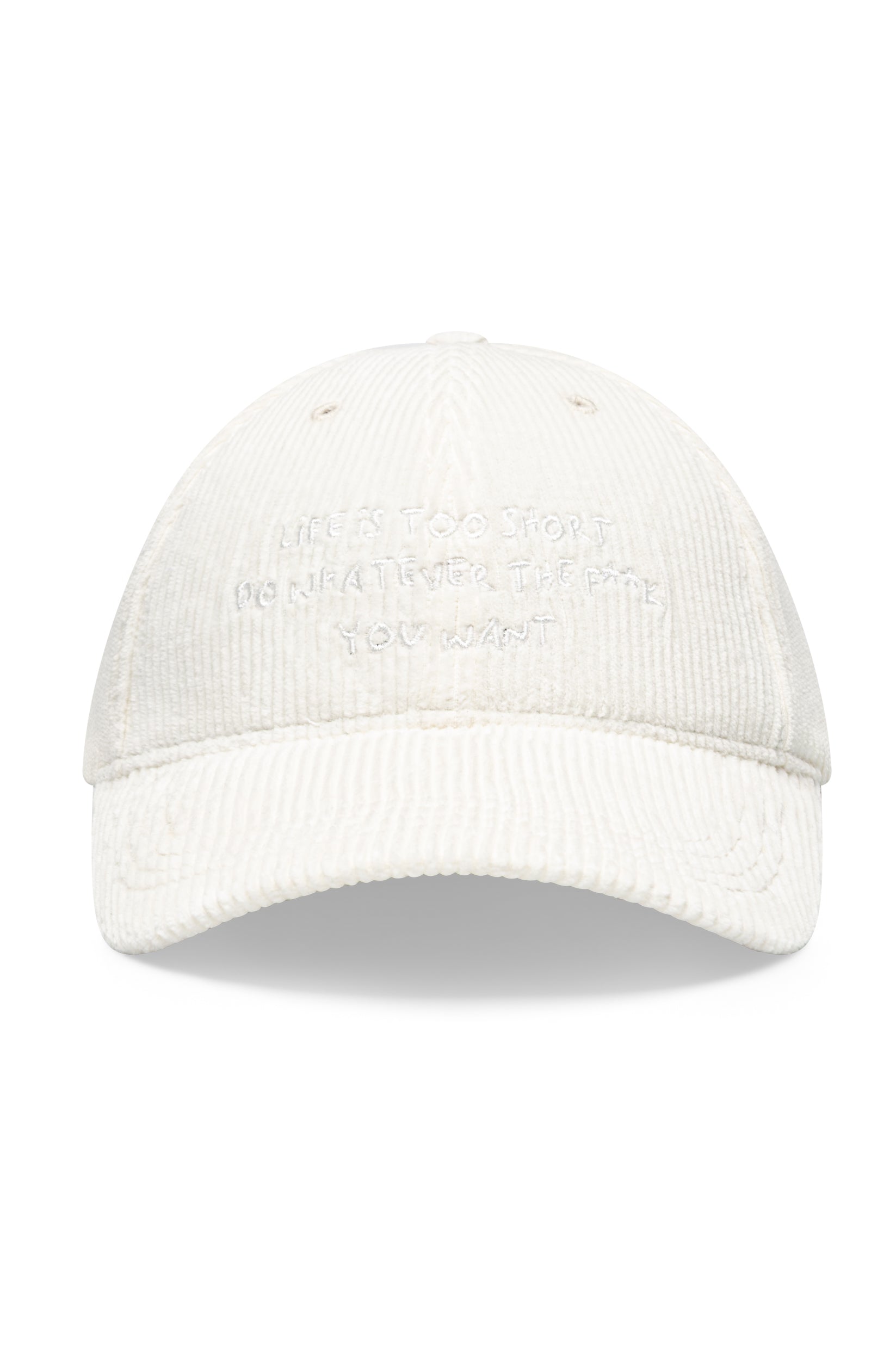 Casquette en velours côtelé blanc, broderie manuscrite Life Is Too Short, AD 402 Ace Denim Paris