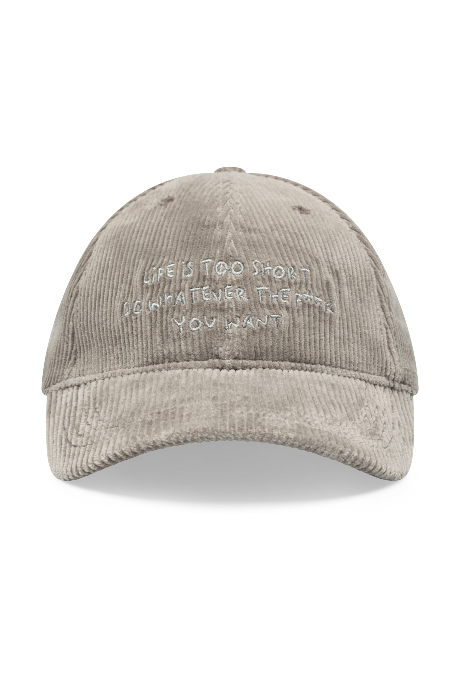 Casquette en velours côtelé gris, broderie manuscrite Life Is Too Short, AD 402 Ace Denim Paris
