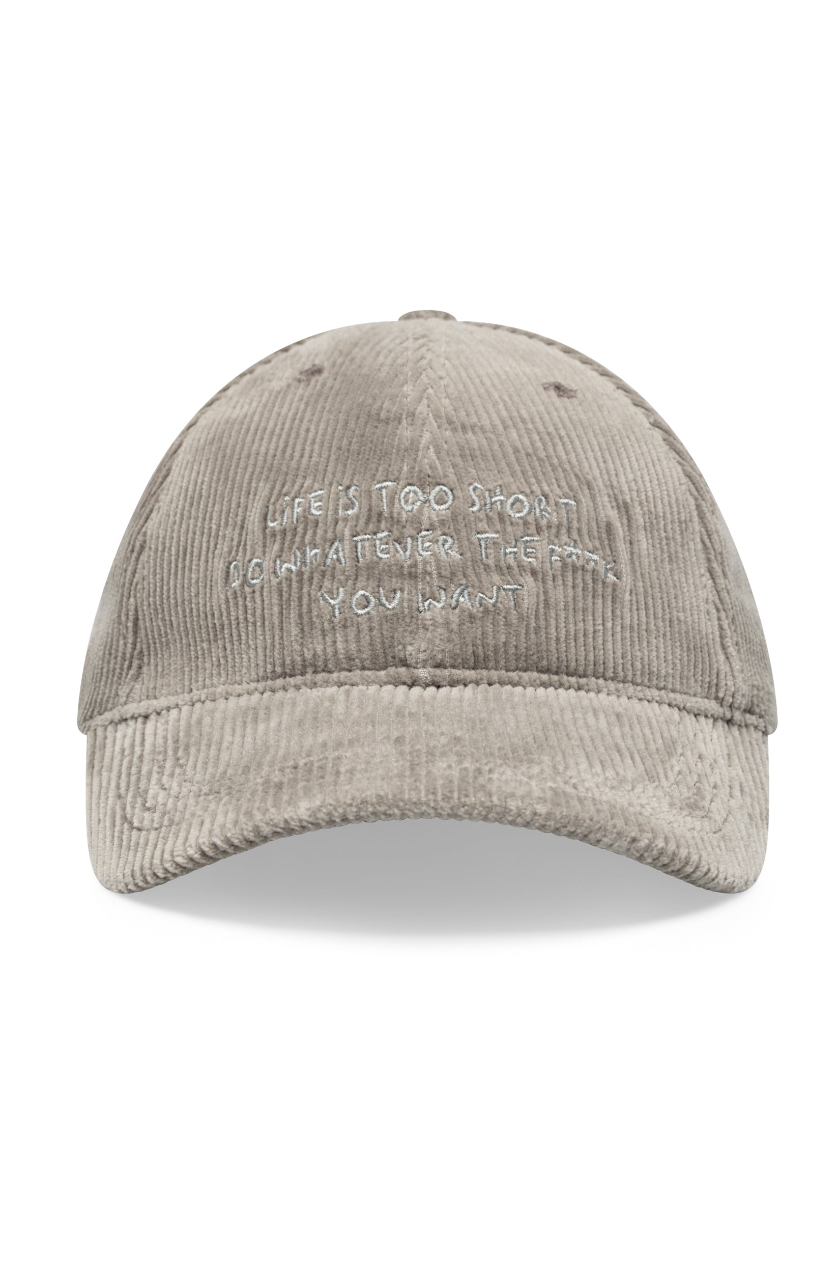 Casquette en velours côtelé gris, broderie manuscrite Life Is Too Short, AD 402 Ace Denim Paris