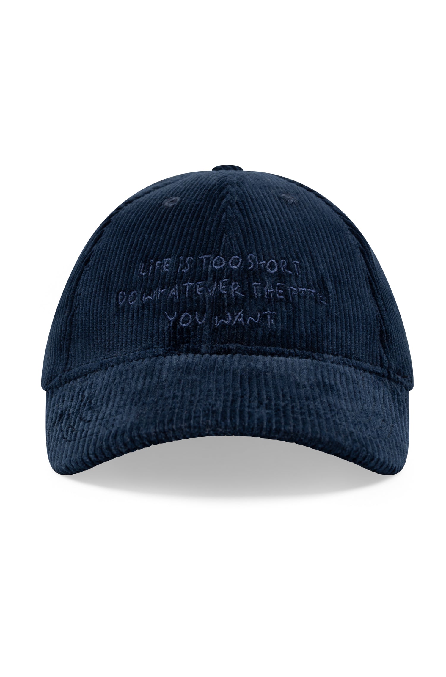 Casquette en velours côtelé marine, broderie manuscrite Life Is Too Short, AD 402 Ace Denim Paris