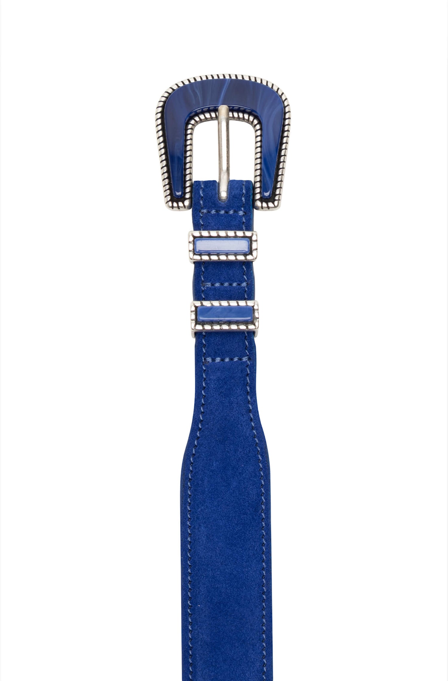 Close-up of the AD125 western buckle in solid brass with a brushed nickel finish and royal blue suede leather.