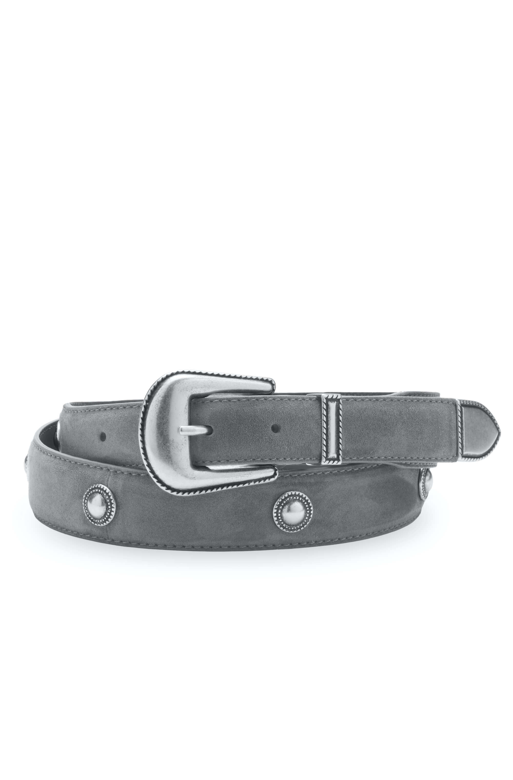 gray calfskin leather belt with brushed metal buckle