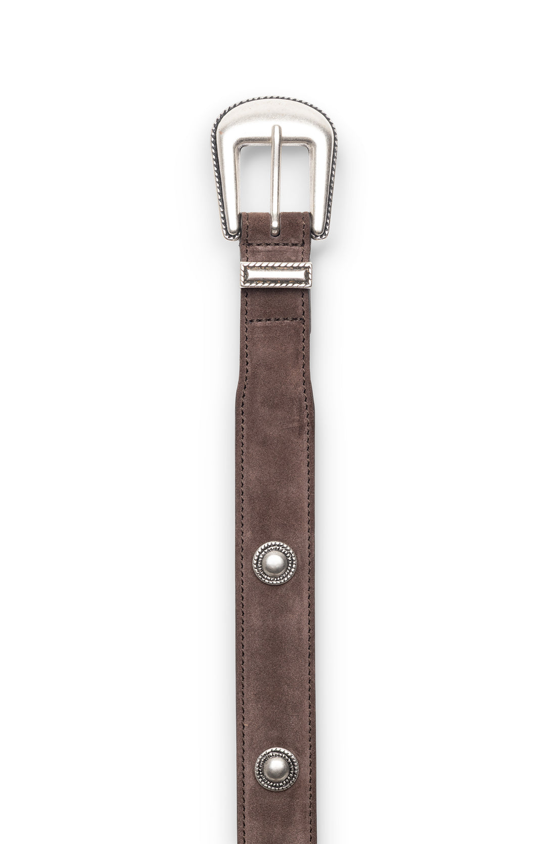 Ceinture cowboy cuir suédé marron, vue allongée, boucle western argentée, rivets argentés — Ace Denim Paris