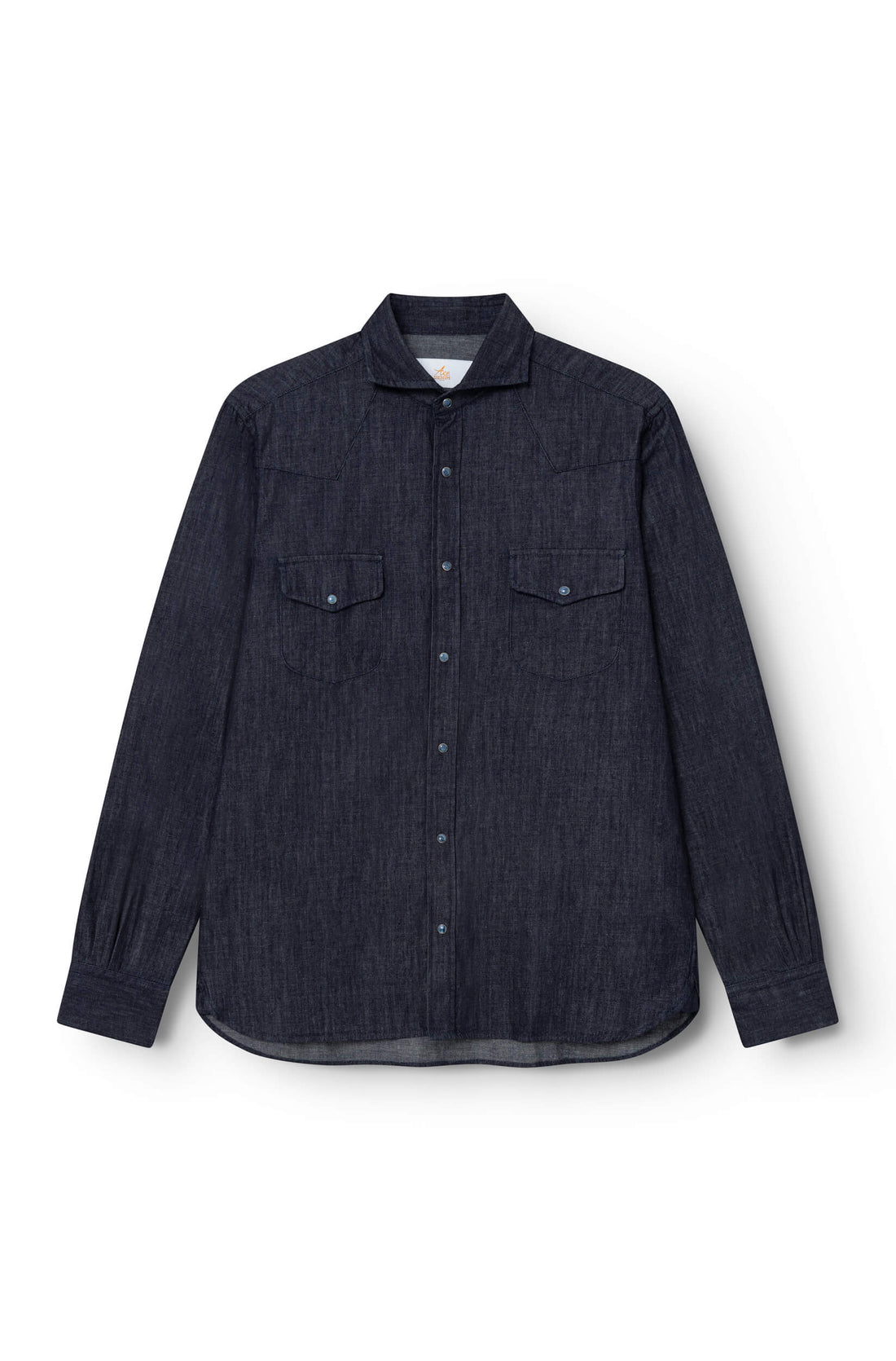 Rinse wash western denim shirt, front view, white background — Ace Denim Paris