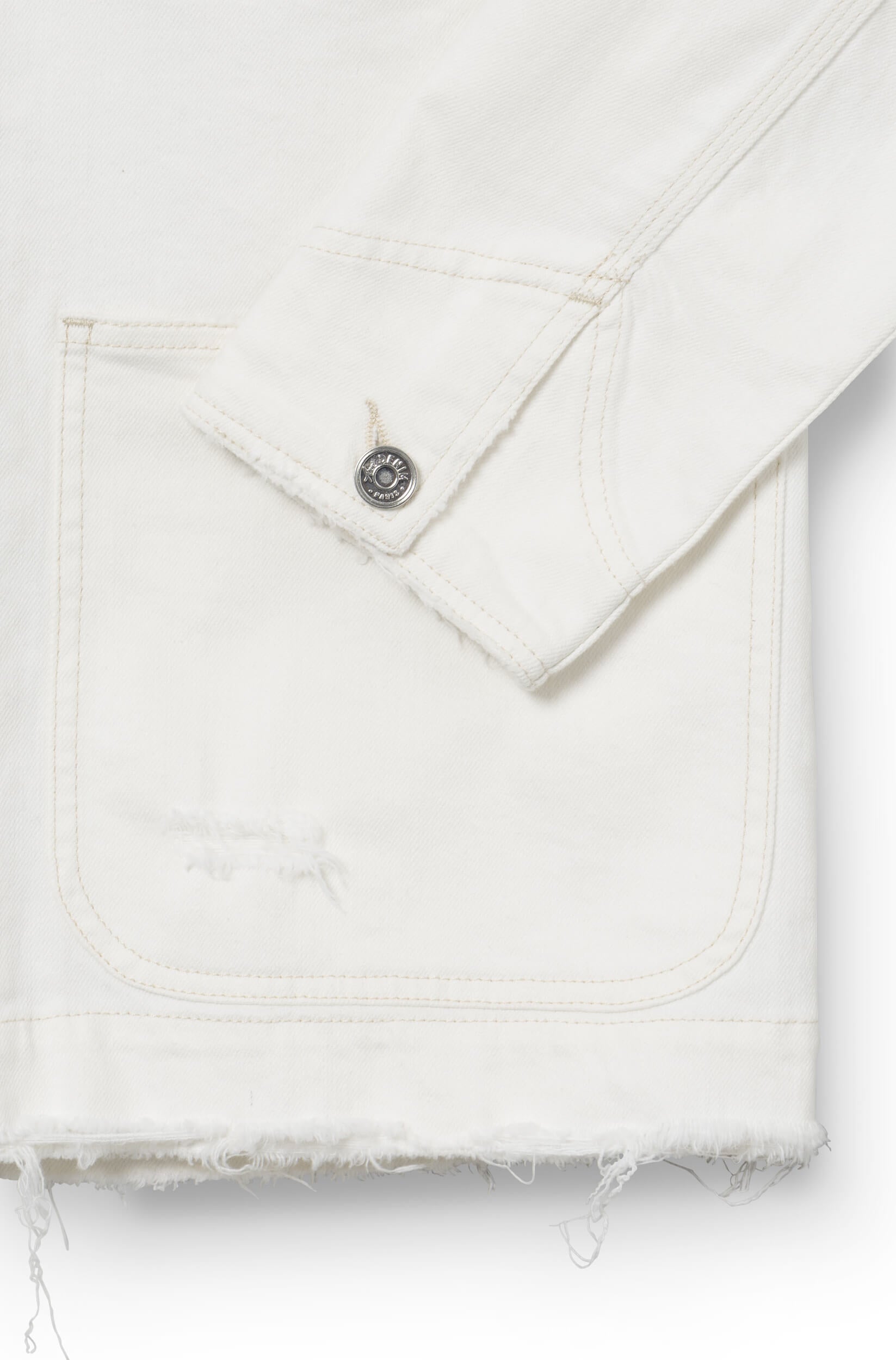close-up on the pocket with the sleeve and the worn-out effect at the bottom of the jacket